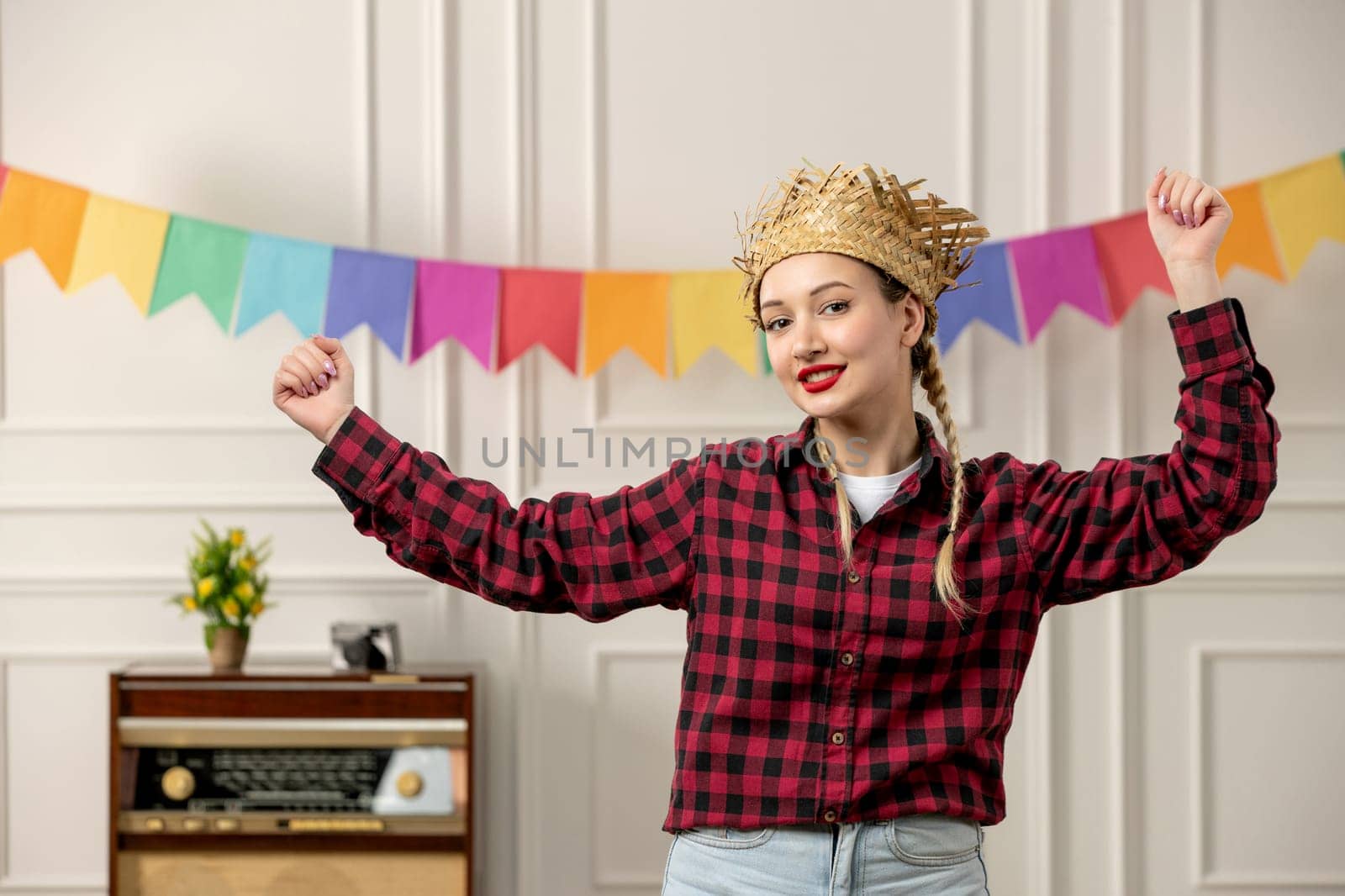 festa junina cute girl in straw hat brazilian midsummer with retro radio colorful flags happy