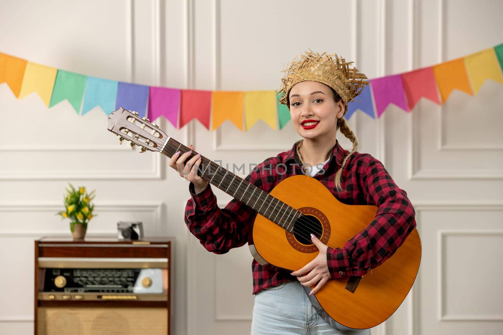 festa junina cute girl in straw hat brazilian midsummer with retro radio colorful flags on guitar