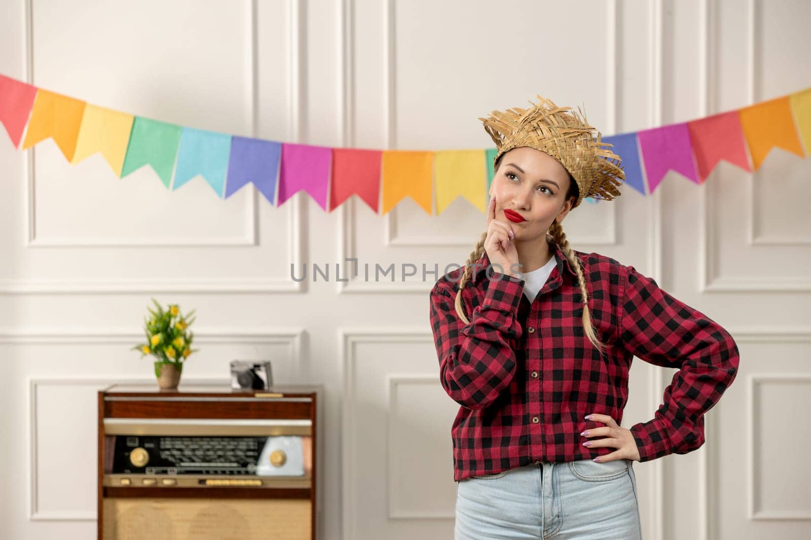 festa junina cute girl in straw hat brazilian midsummer with retro radio colorful flags thinking by Kamran