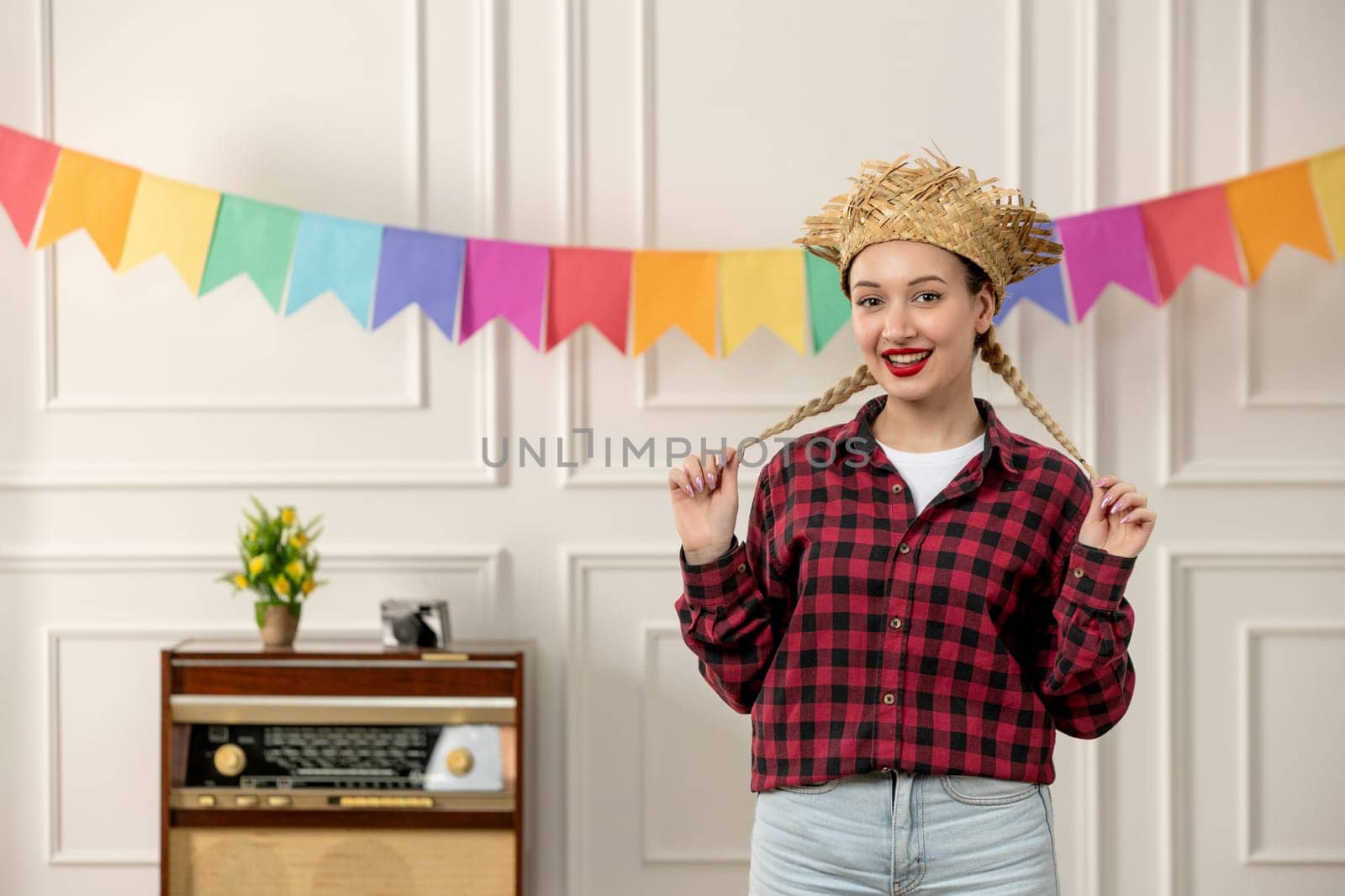 festa junina cute girl in straw hat brazilian midsummer with retro radio colorful flags with braids by Kamran
