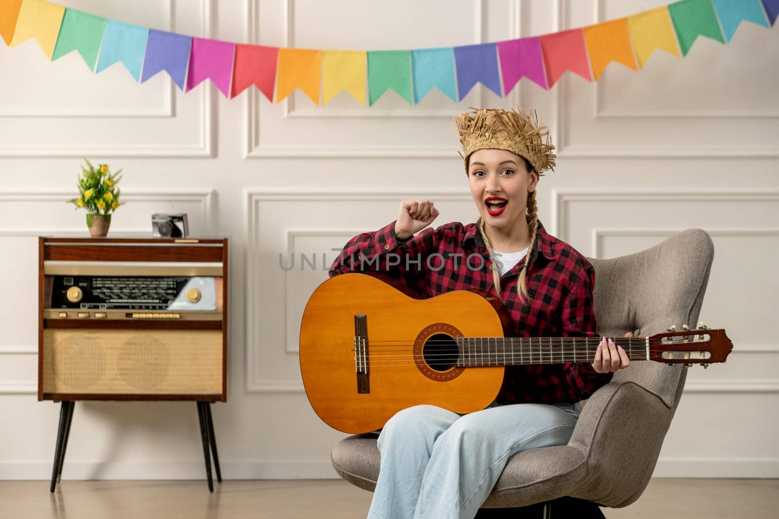 festa junina cute girl in straw hat brazilian midsummer with retro radio excited for guitar