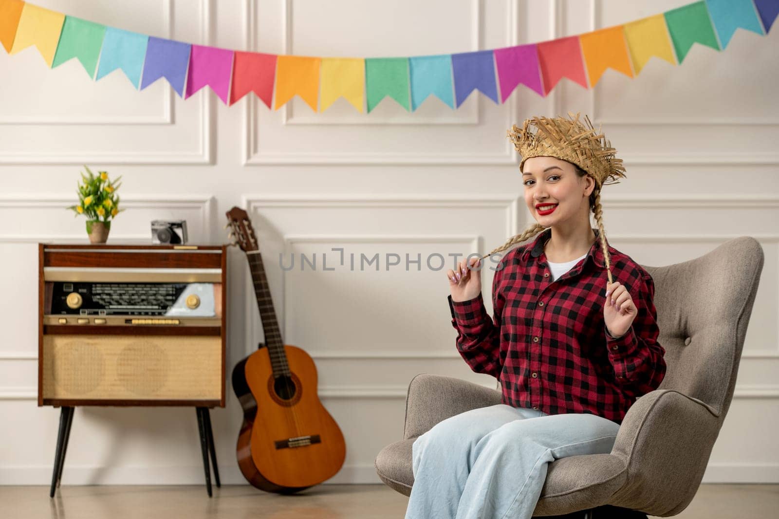 festa junina cute girl in straw hat brazilian midsummer with retro radio guitar