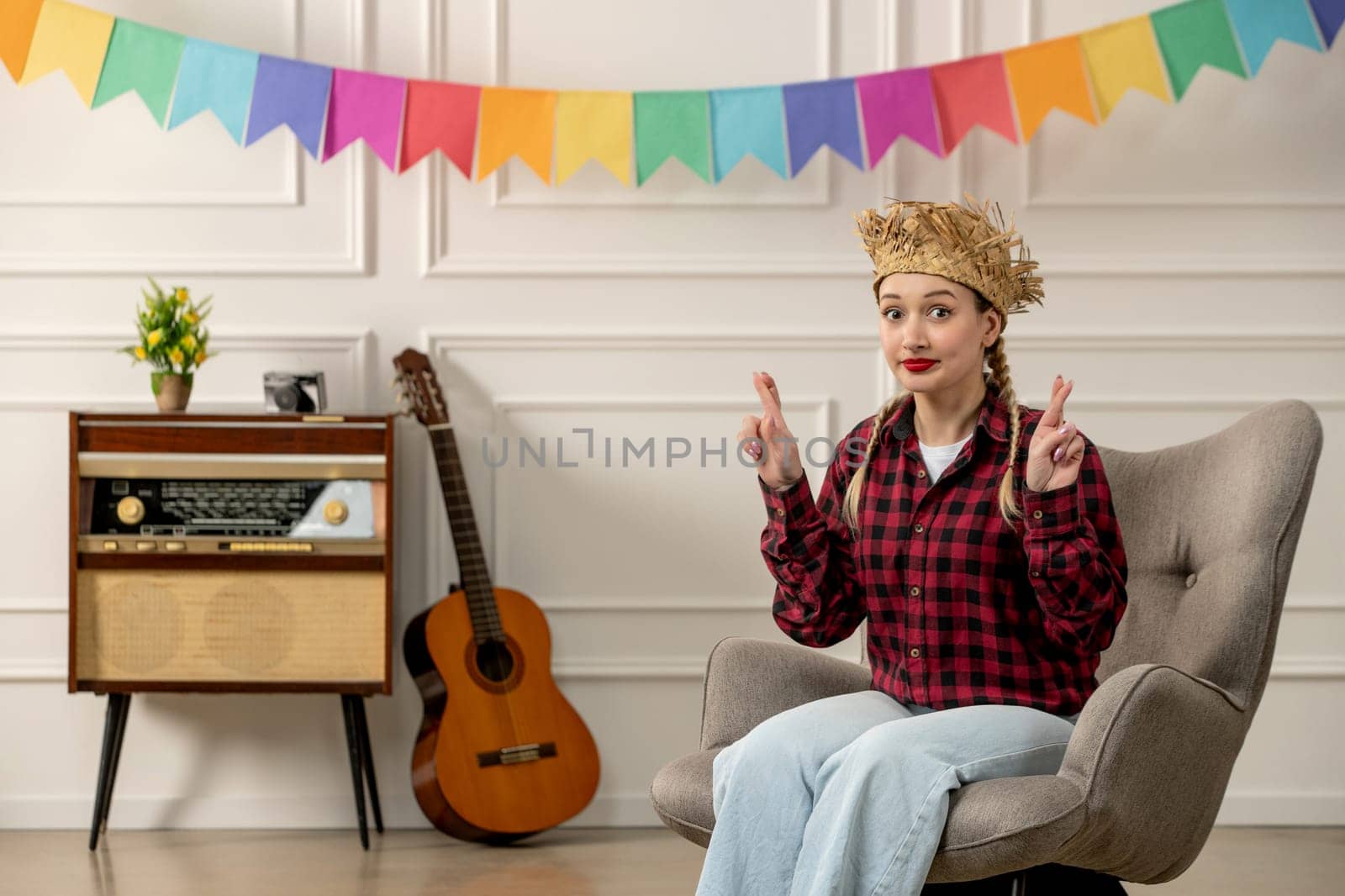 festa junina cute girl in straw hat brazilian midsummer with retro radio guitar crossing fingers by Kamran