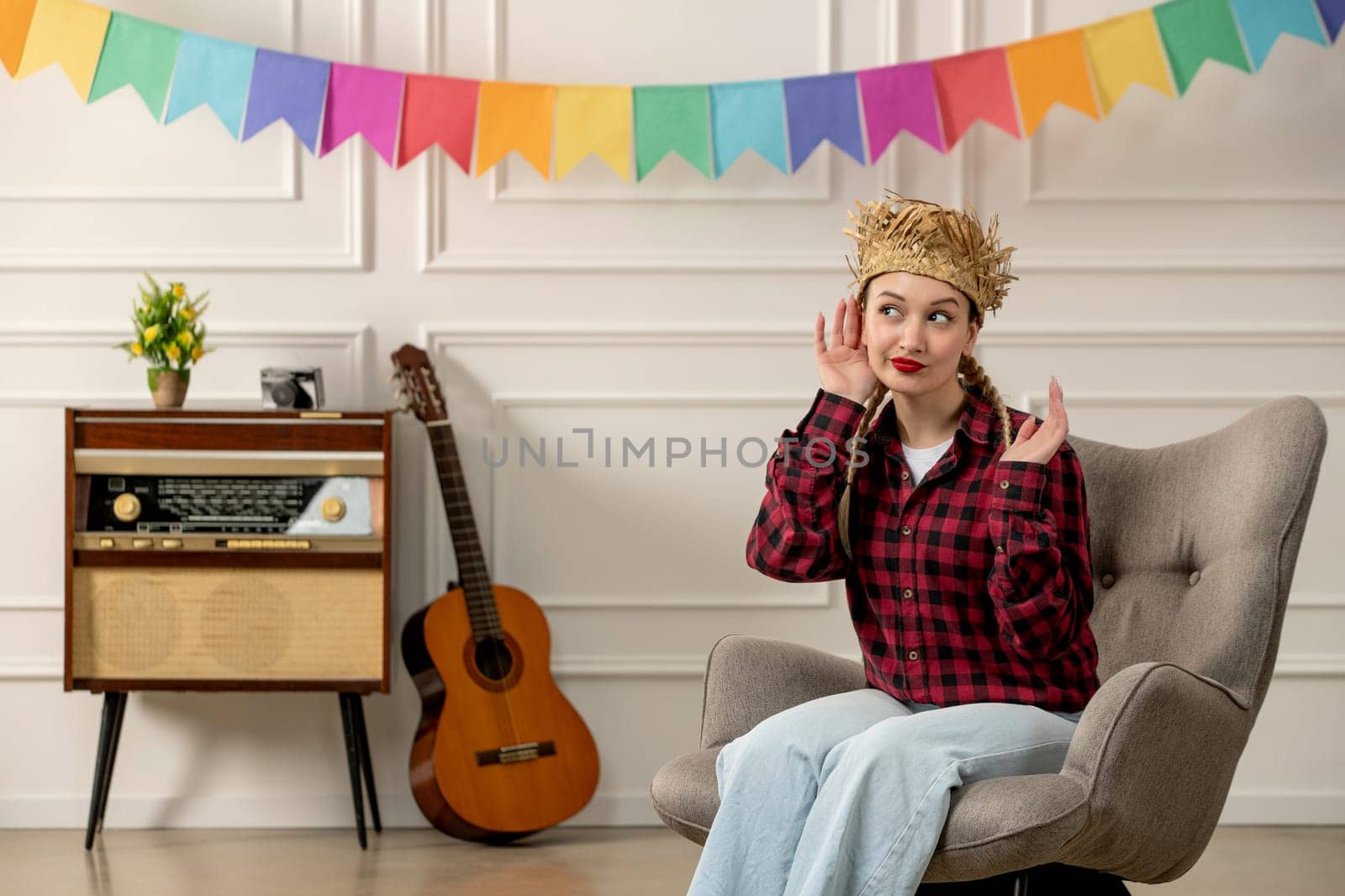 festa junina cute girl in straw hat brazilian midsummer with retro radio guitar eavesdropping by Kamran