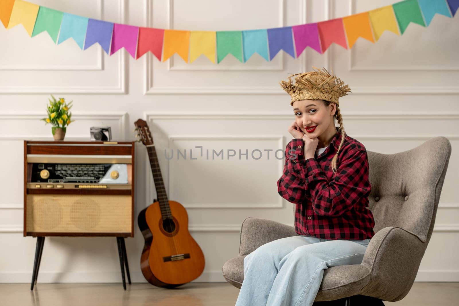 festa junina cute girl in straw hat brazilian midsummer with retro radio guitar lovely