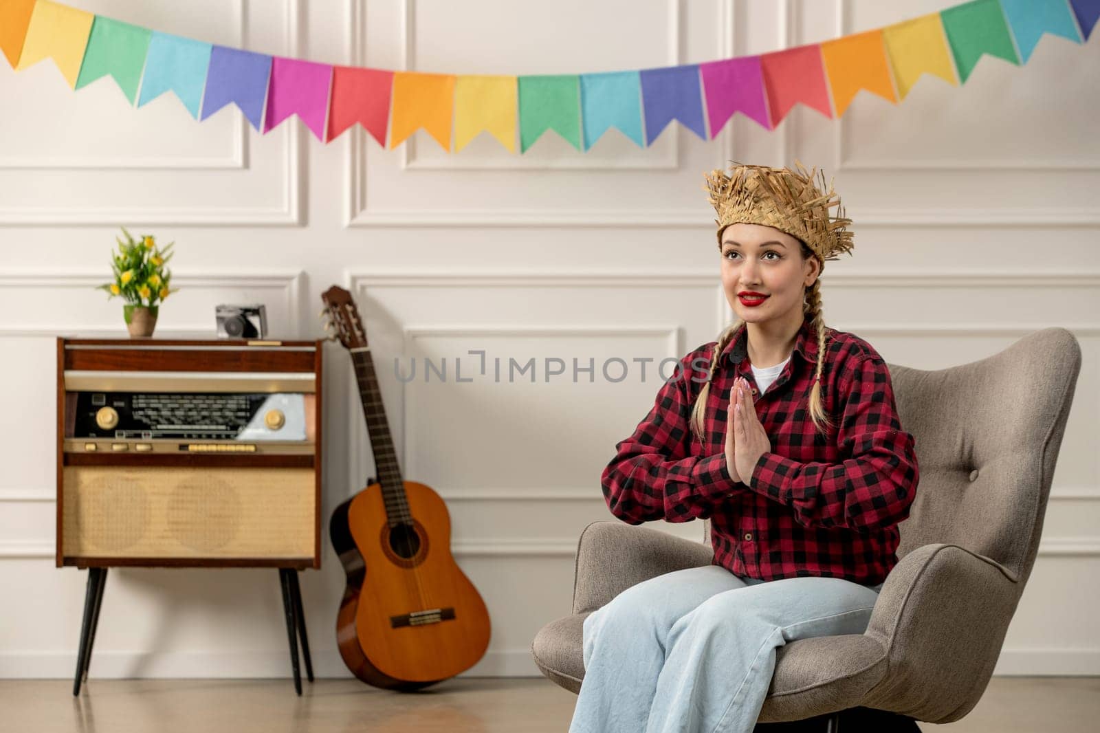 festa junina cute girl in straw hat brazilian midsummer with retro radio guitar praying
