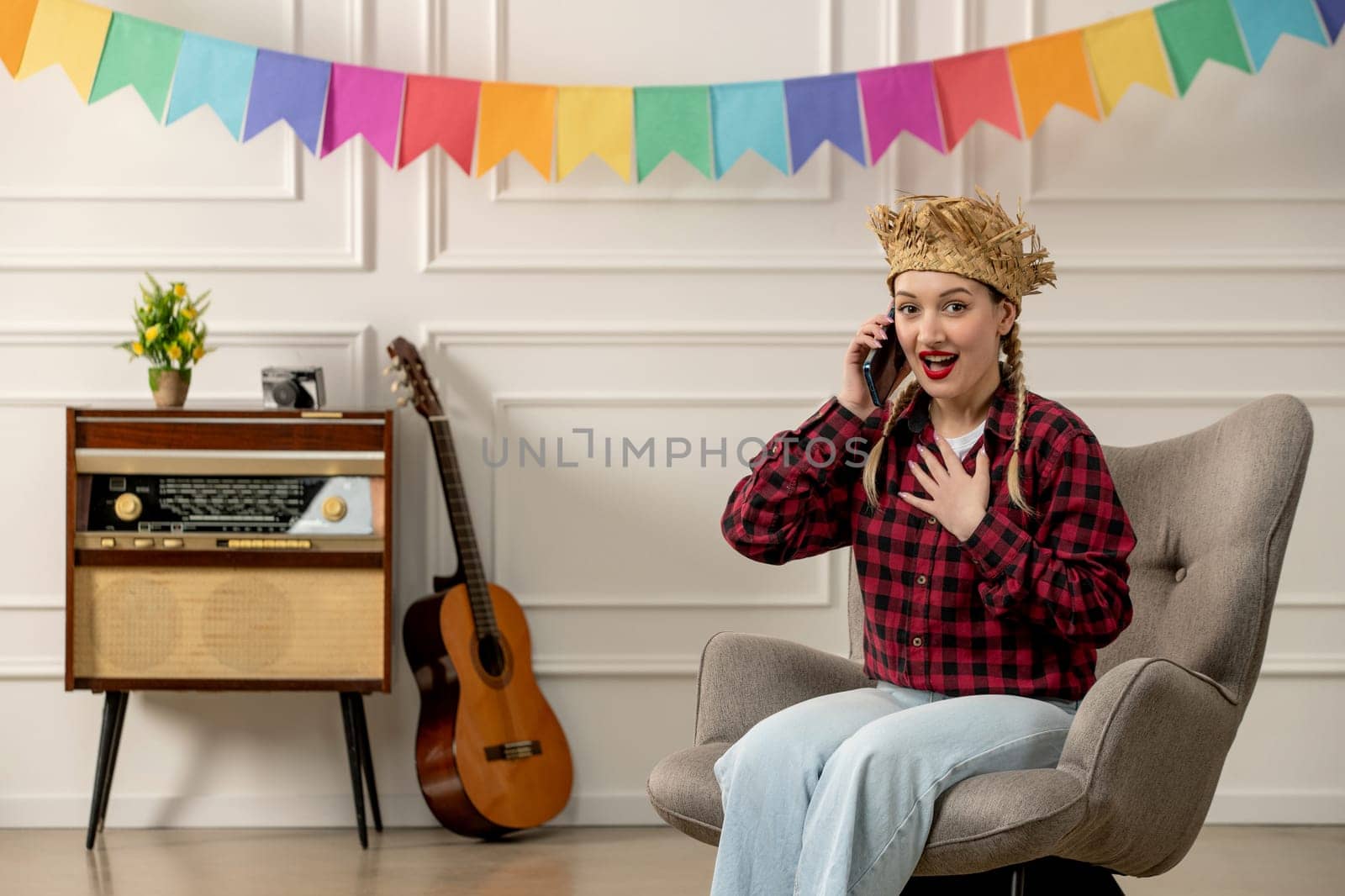 festa junina cute girl in straw hat brazilian midsummer with retro radio guitar talking on phone by Kamran