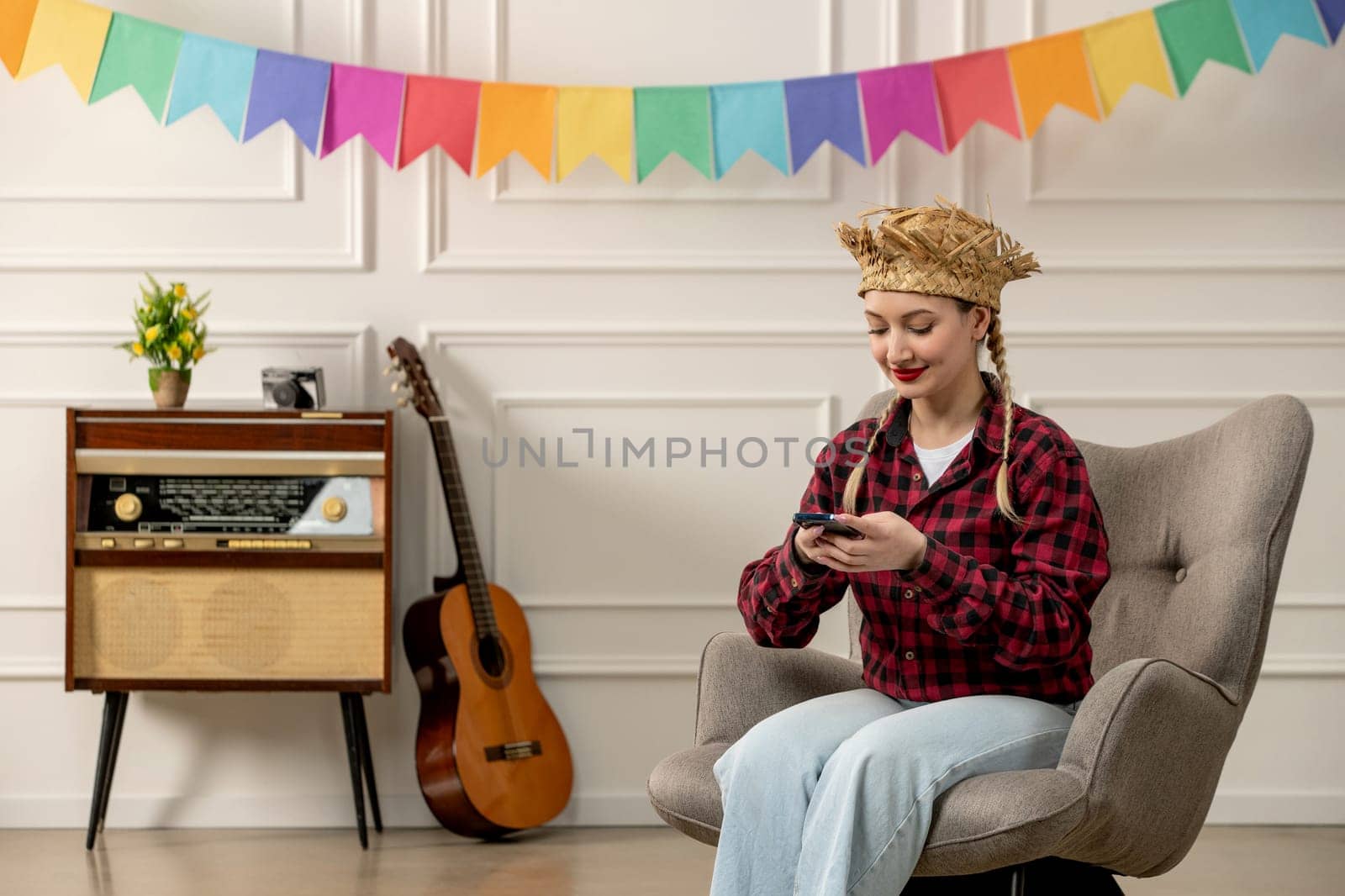 festa junina cute girl in straw hat brazilian midsummer with retro radio guitar texting on phone by Kamran