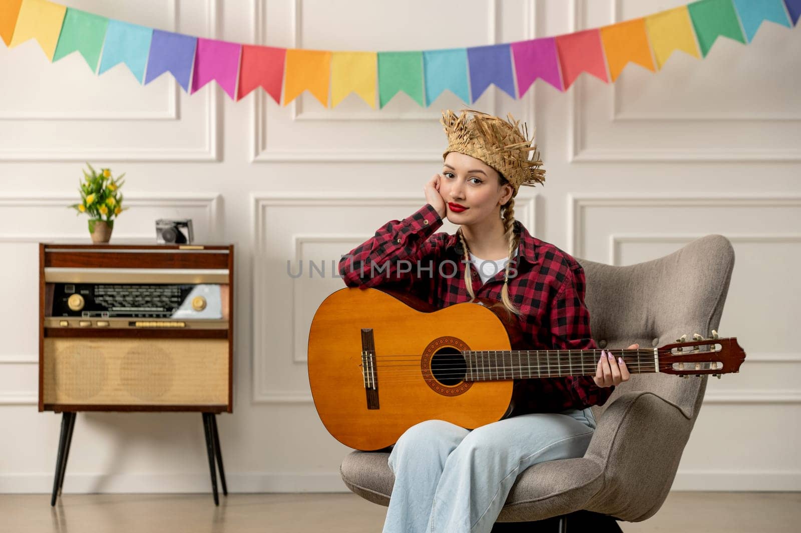 festa junina cute girl in straw hat brazilian midsummer with retro radio playing guitar by Kamran