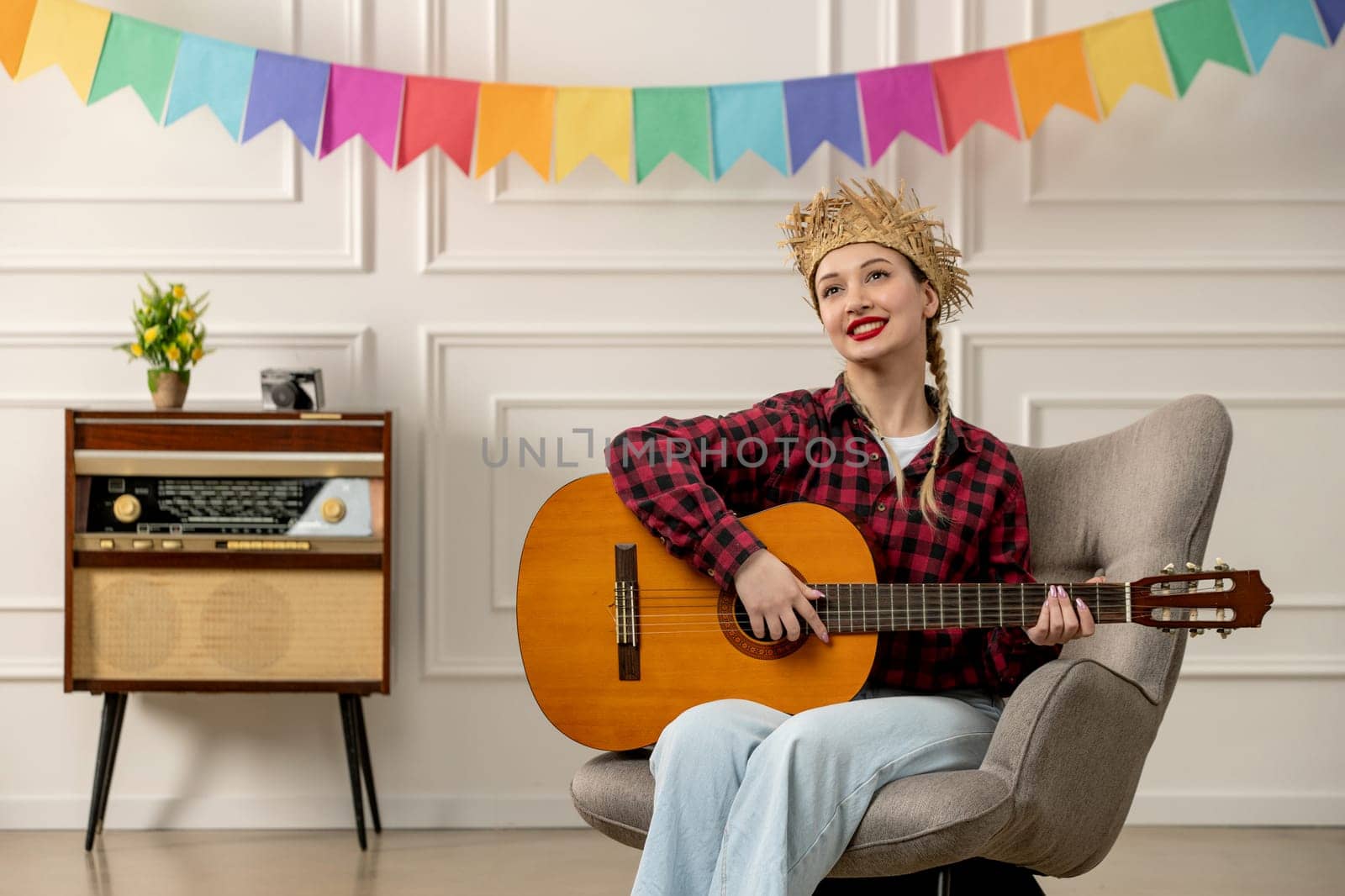 festa junina cute girl in straw hat brazilian midsummer with retro radio playing on guitar