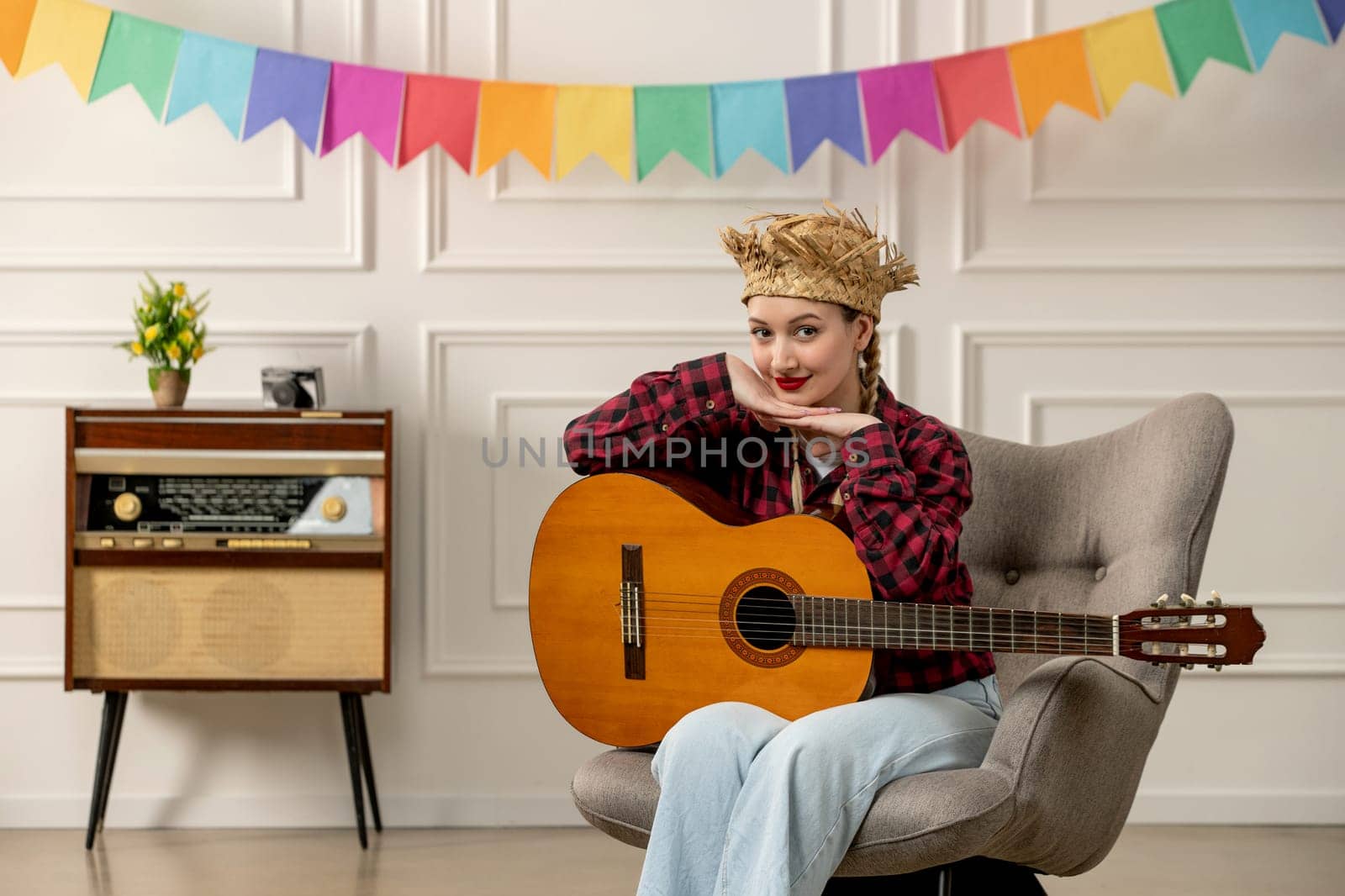festa junina cute girl in straw hat brazilian midsummer with retro radio with hands on guitar