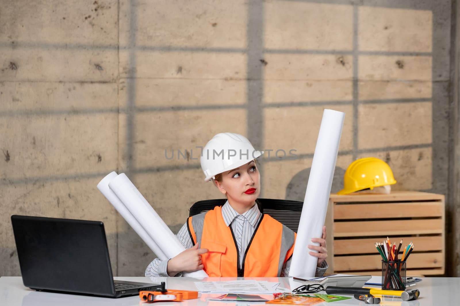 engineer cute young blonde smart girl civil worker in helmet and vest with paper rolls