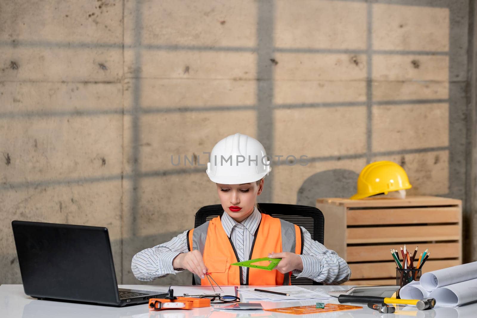 engineer smart young cute blonde girl civil worker in helmet and vest creating plan by Kamran