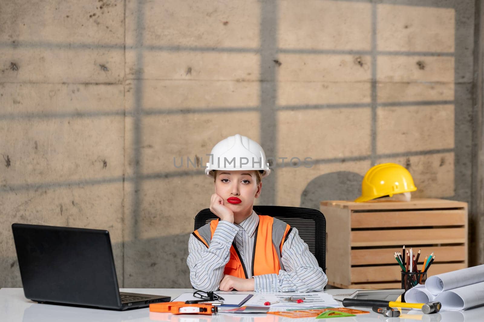 engineer smart young cute blonde girl civil worker in helmet and vest thinking by Kamran