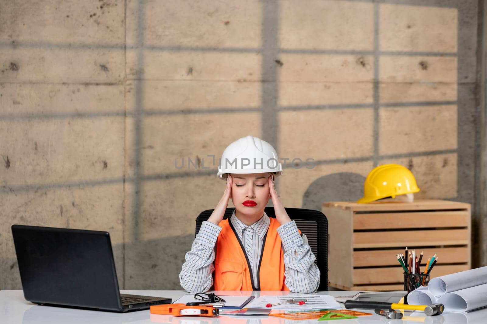 engineer smart young cute blonde girl civil worker in helmet and vest tired