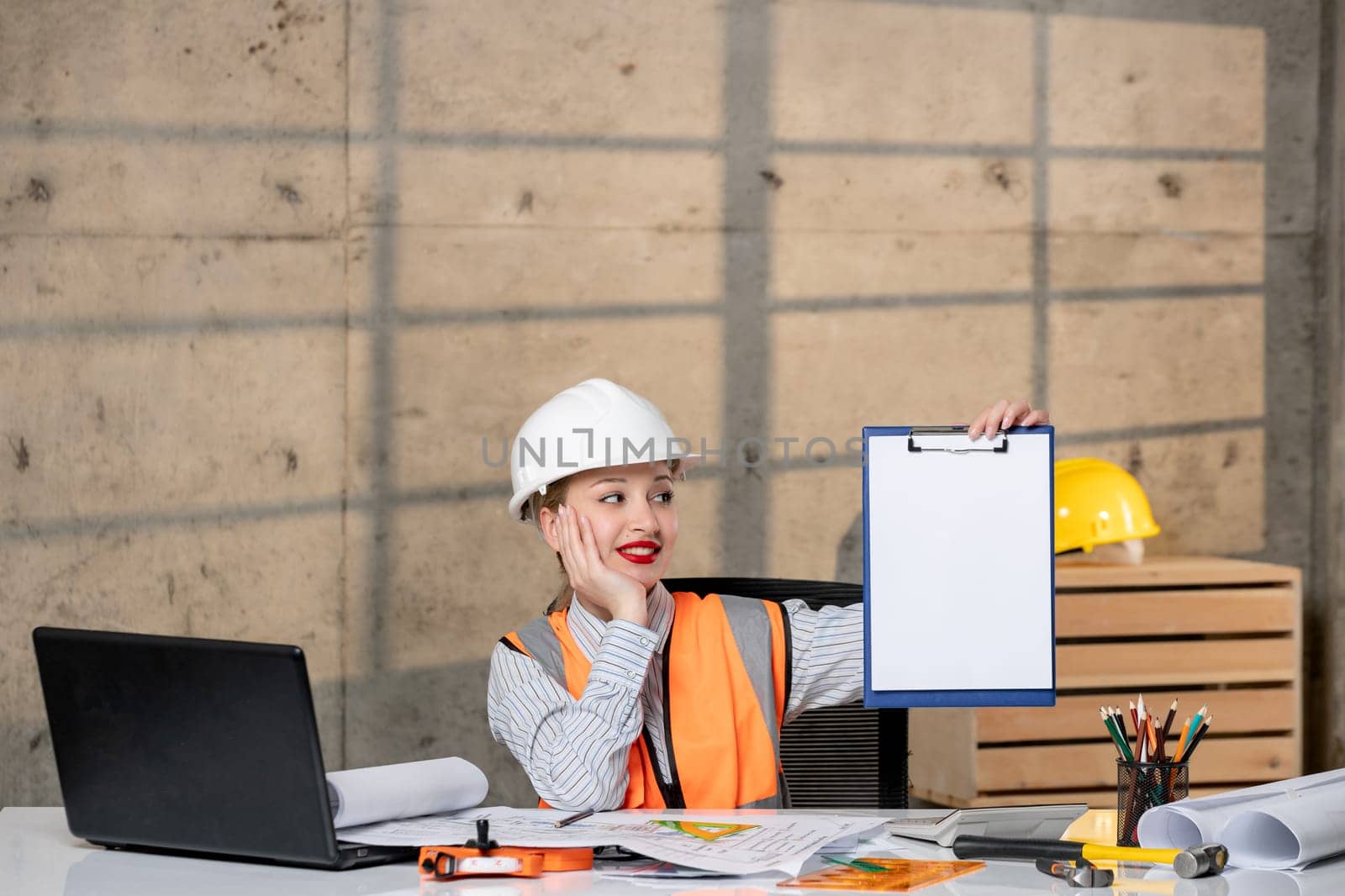 engineer smart young cute blonde girl civil worker in helmet and vest with new plan