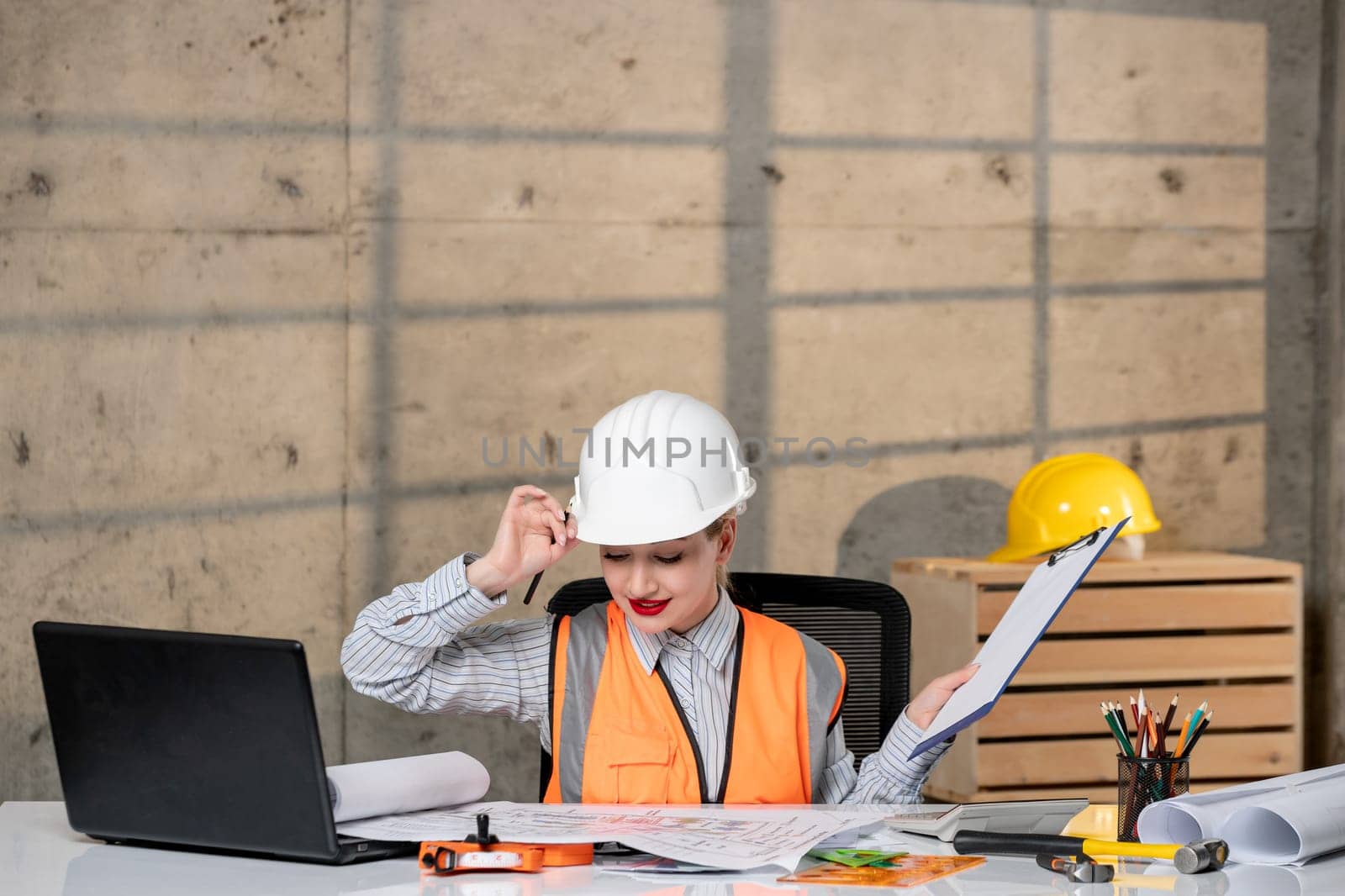 engineer young smart cute blonde girl civil worker in helmet and vest on laptop by Kamran