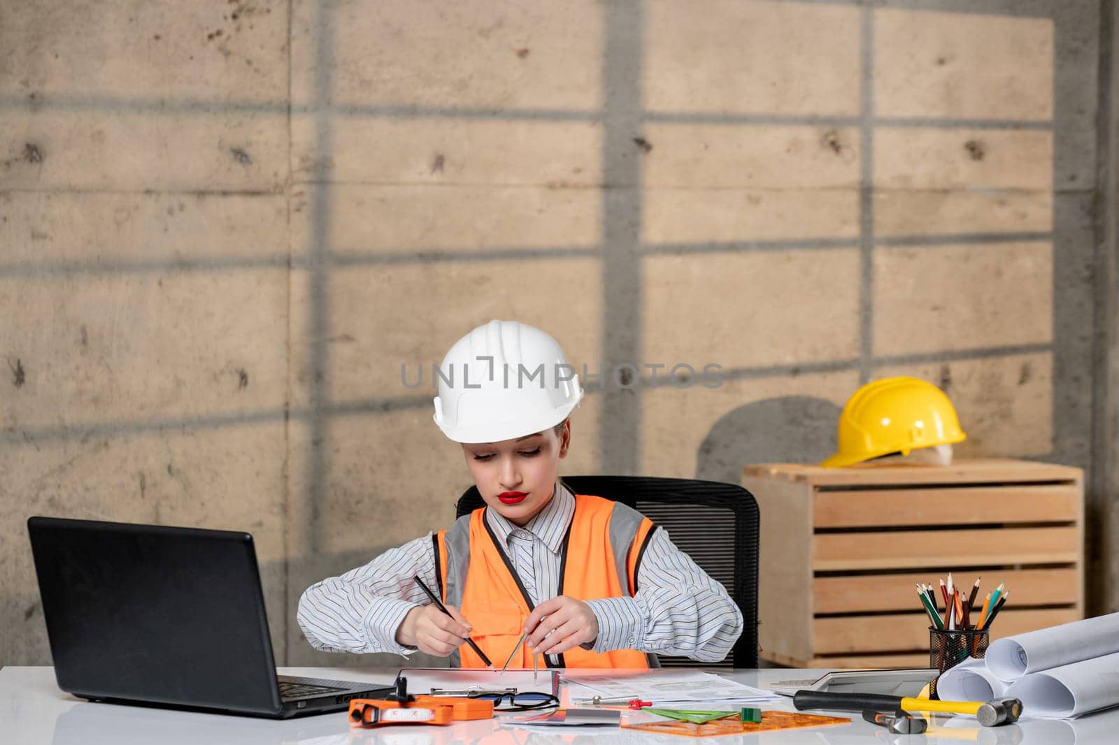 engineer civil worker in helmet and vest smart young cute blonde girl drawing project