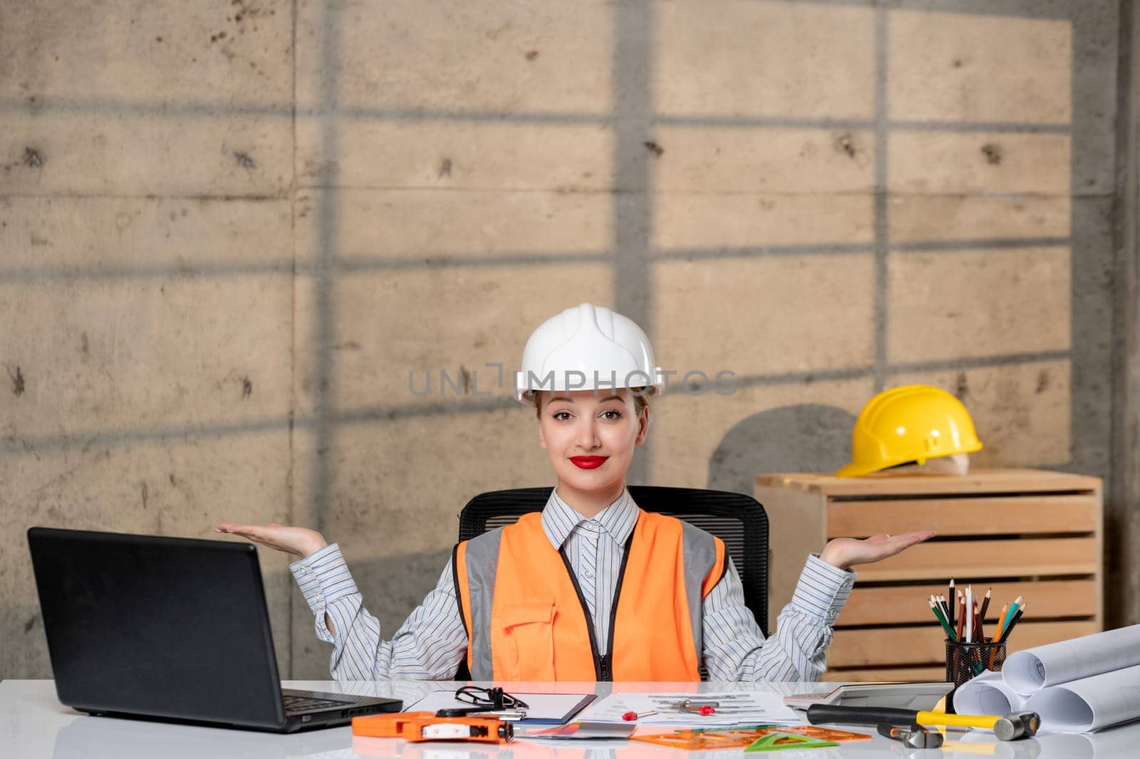 engineer civil worker in helmet and vest smart young cute blonde girl excited about plan