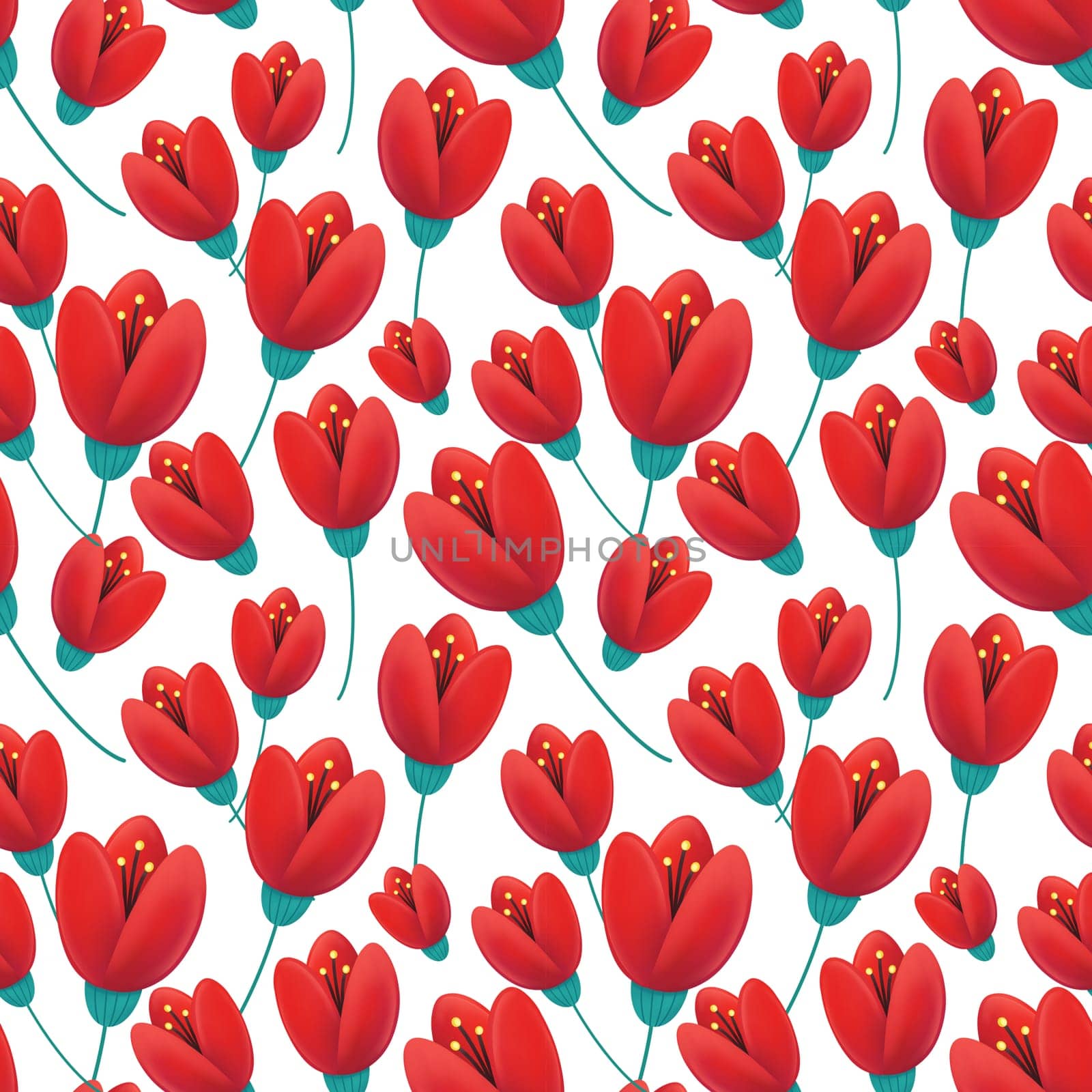 seamless pattern of bright red tulip flowers with green leaves on a white background