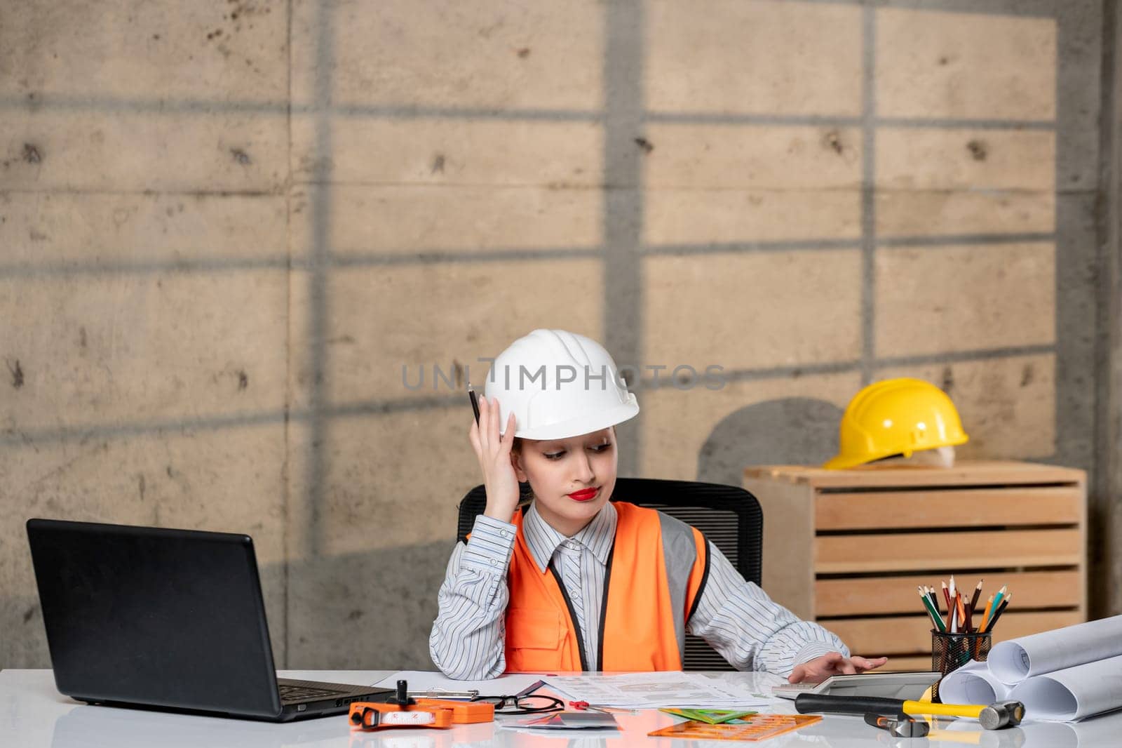 engineer civil worker in helmet and vest smart young cute blonde girl focused by Kamran