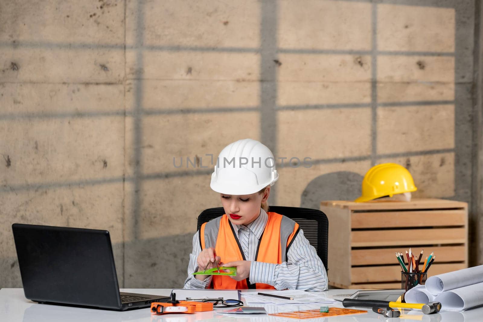 engineer civil worker in helmet and vest smart young cute blonde girl with ruler by Kamran