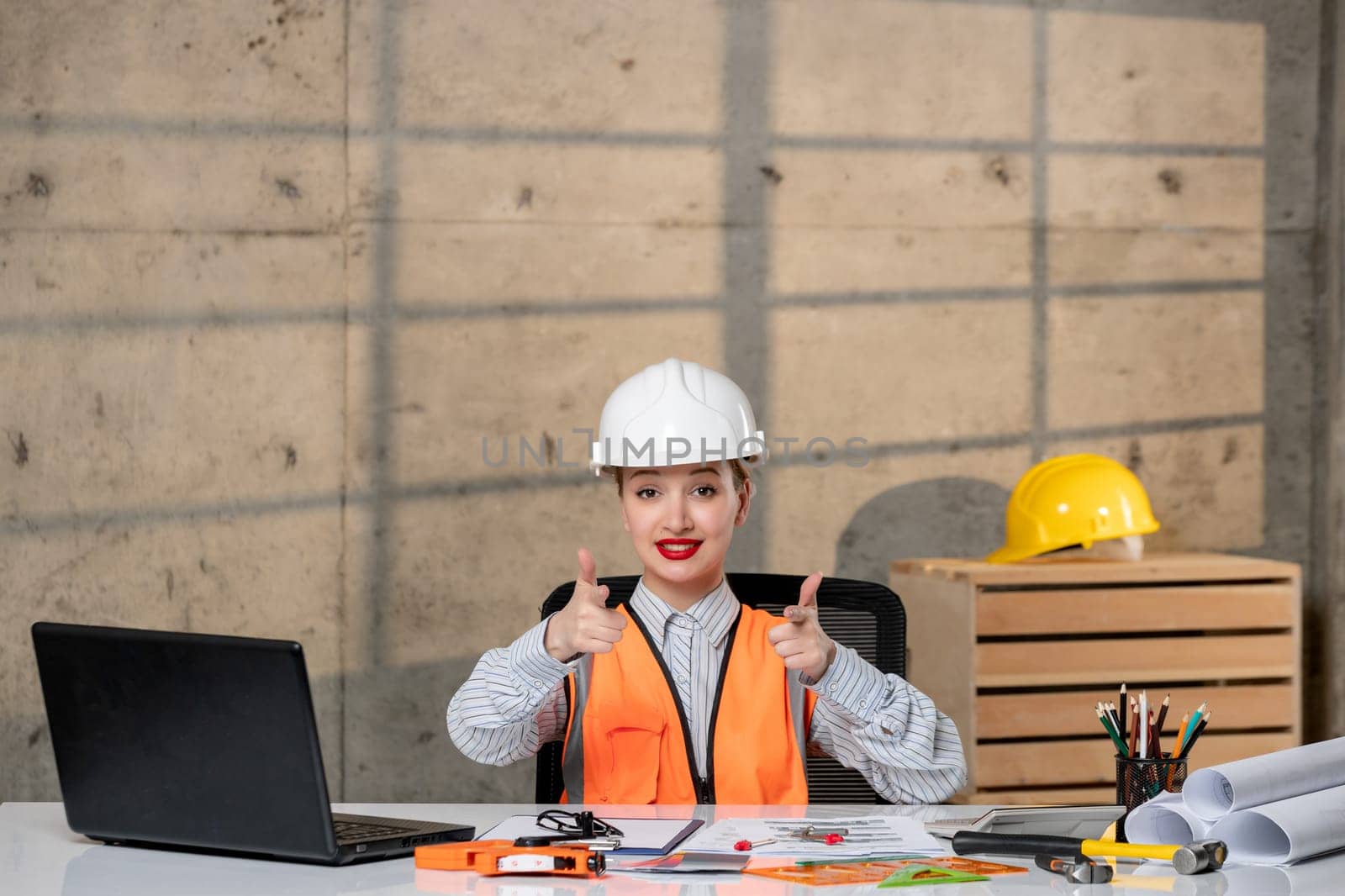 engineer in helmet and vest civil worker smart young cute blonde girl excited