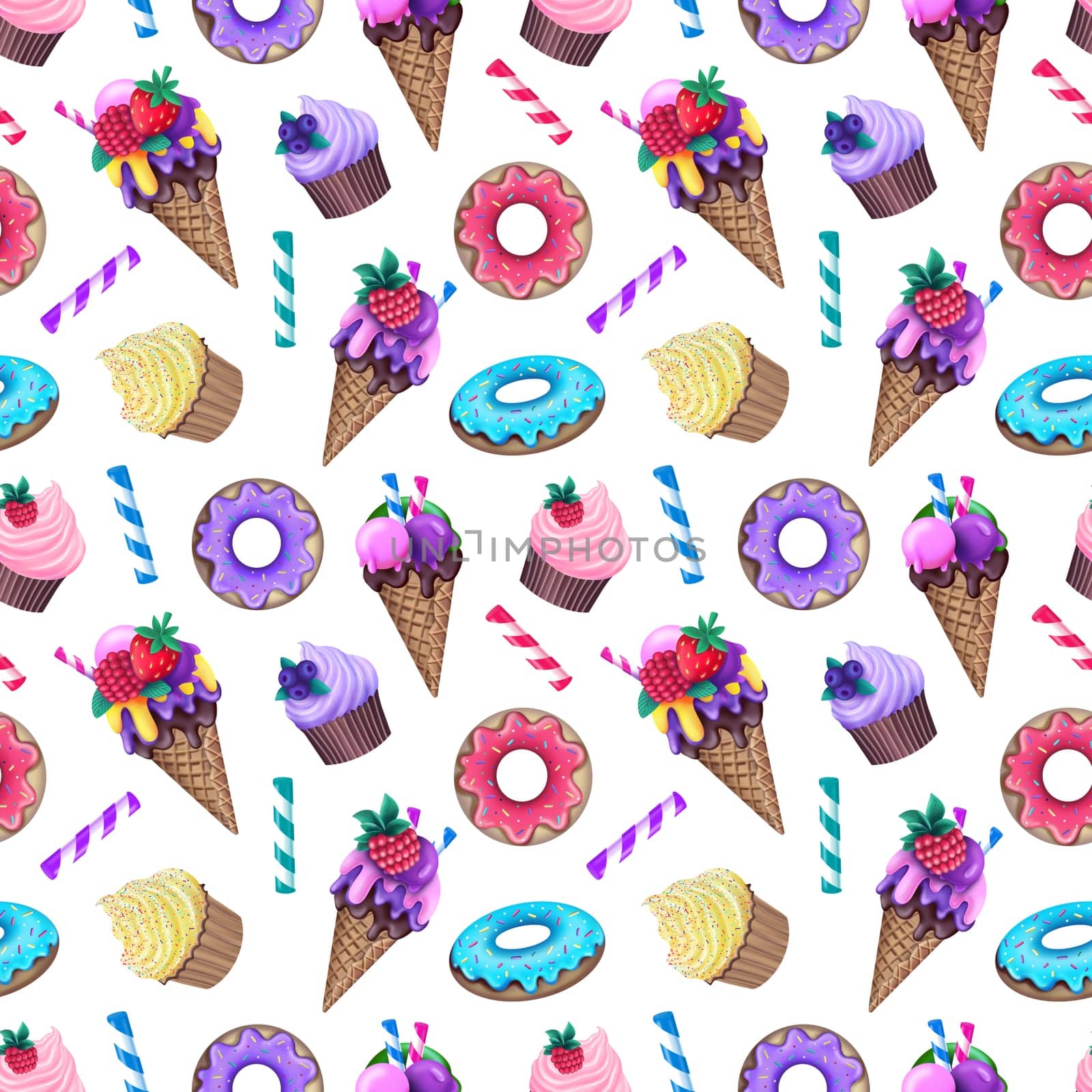 seamless pattern of colorful donuts and ice cream with fruits among cupcakes and candies
