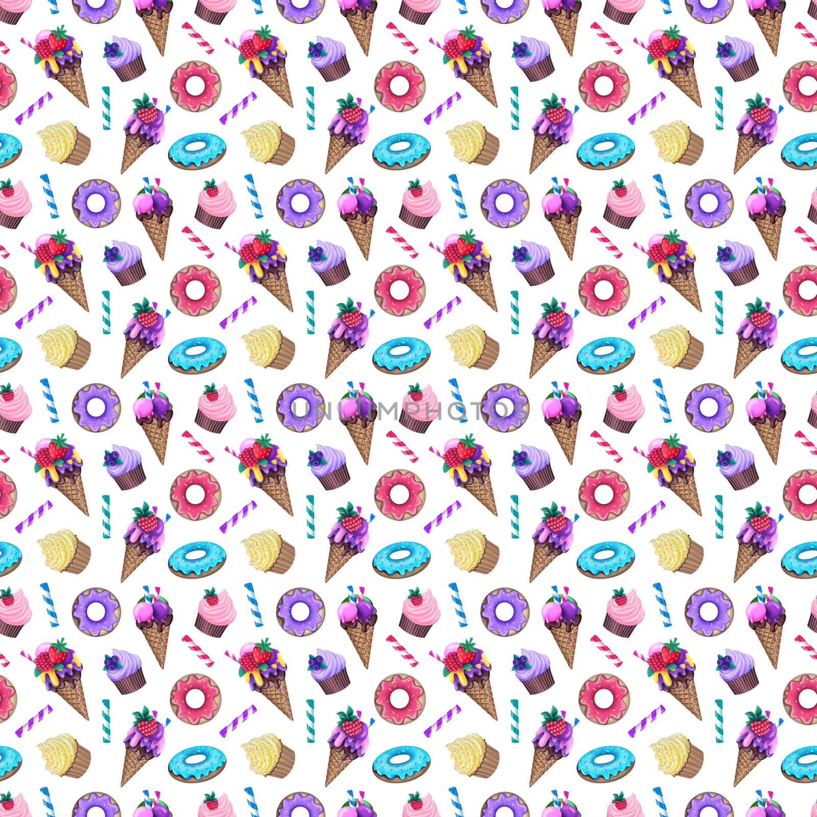 seamless pattern of colorful donuts and ice cream with fruits among cupcakes and candies