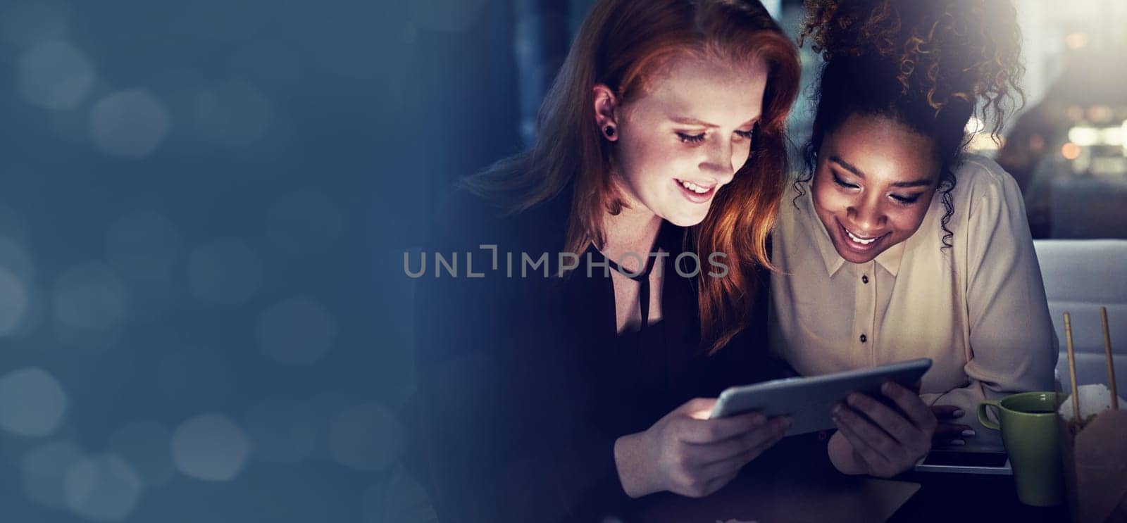 Business women, tablet and bokeh mockup at night with collaboration and teamwork. Company staff, technology work and web design project of professional brainstorming and planning with banner space.