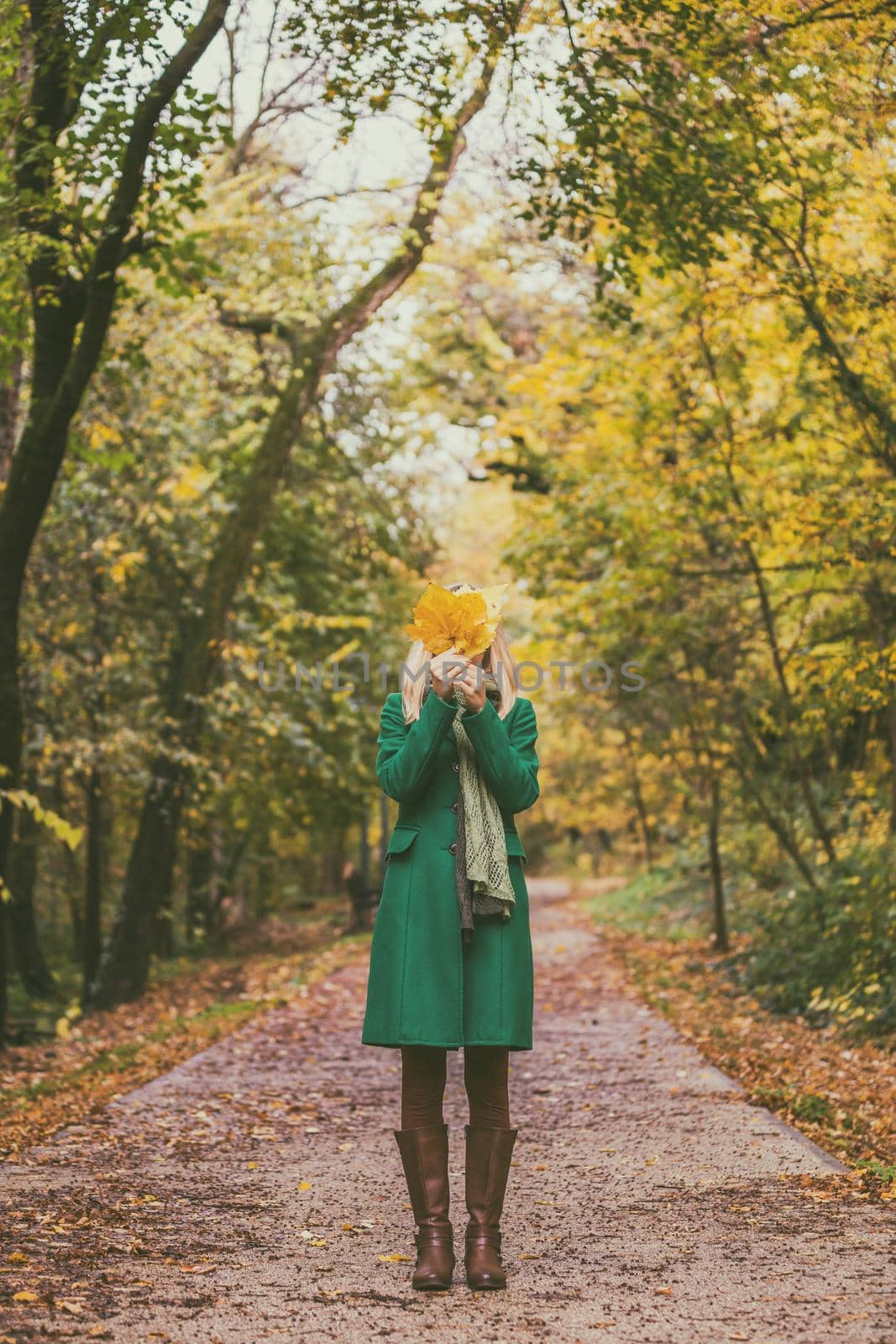 Woman covering her face with fall   leaves while enjoys in autumn  and spending time in the park.