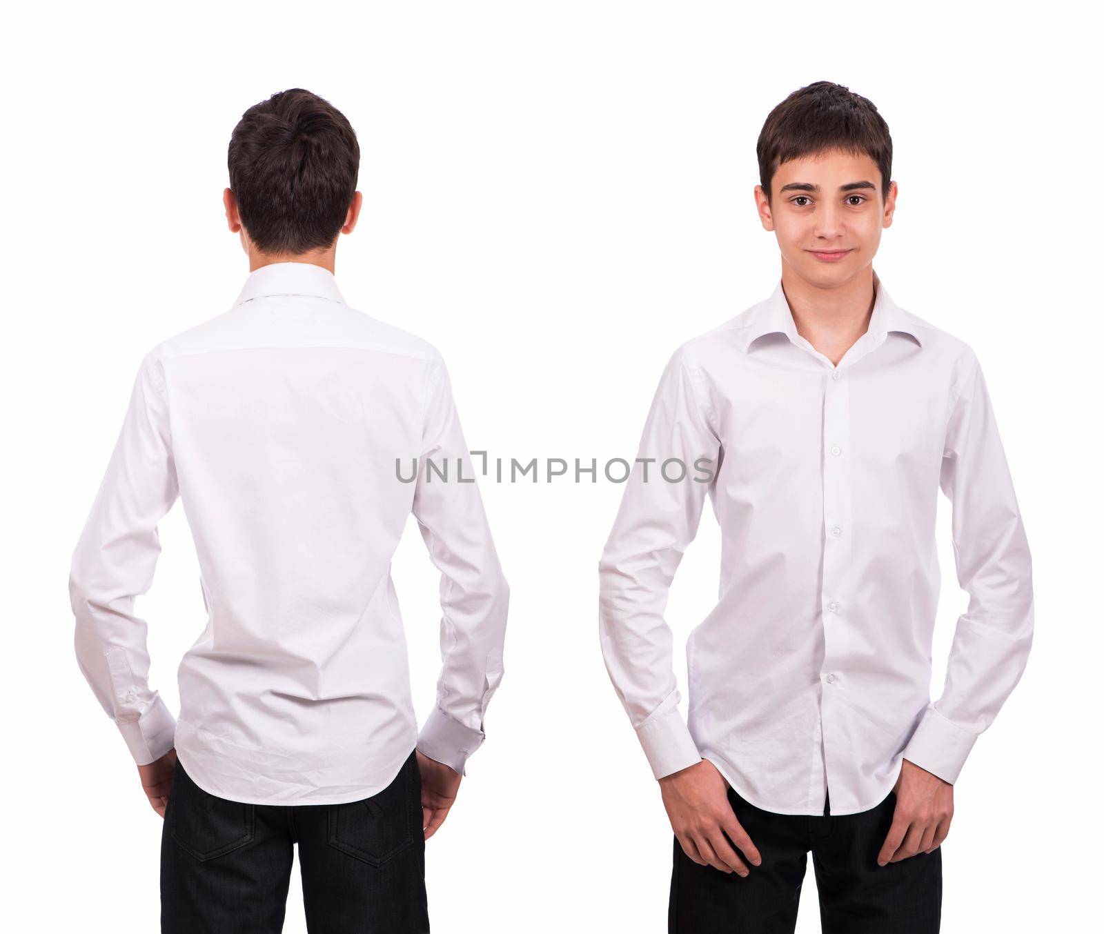 teenager, boy, schoolboy in a white shirt on a white background - front and back view by aprilphoto