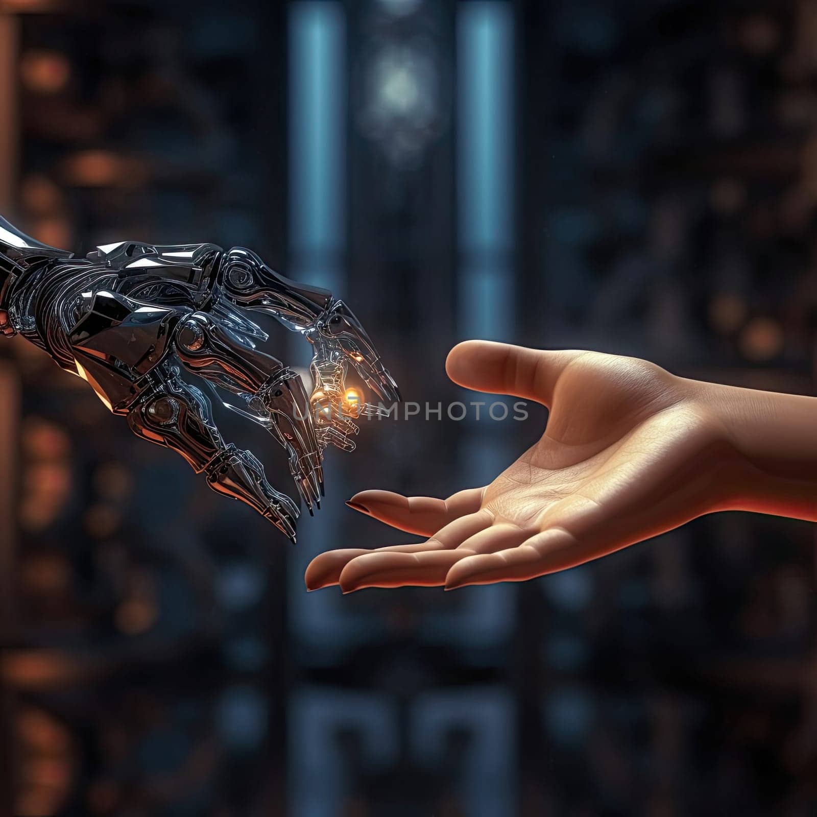 A robot arm and a human hand. The concept of coexistence