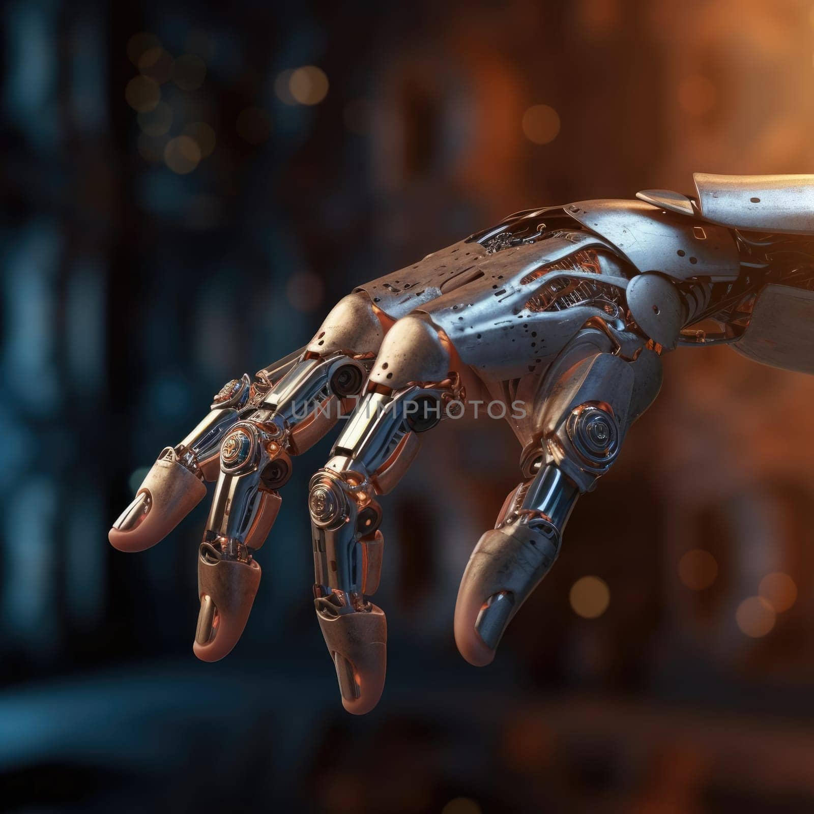 The hand of the robot of the future on a dark background by cherezoff