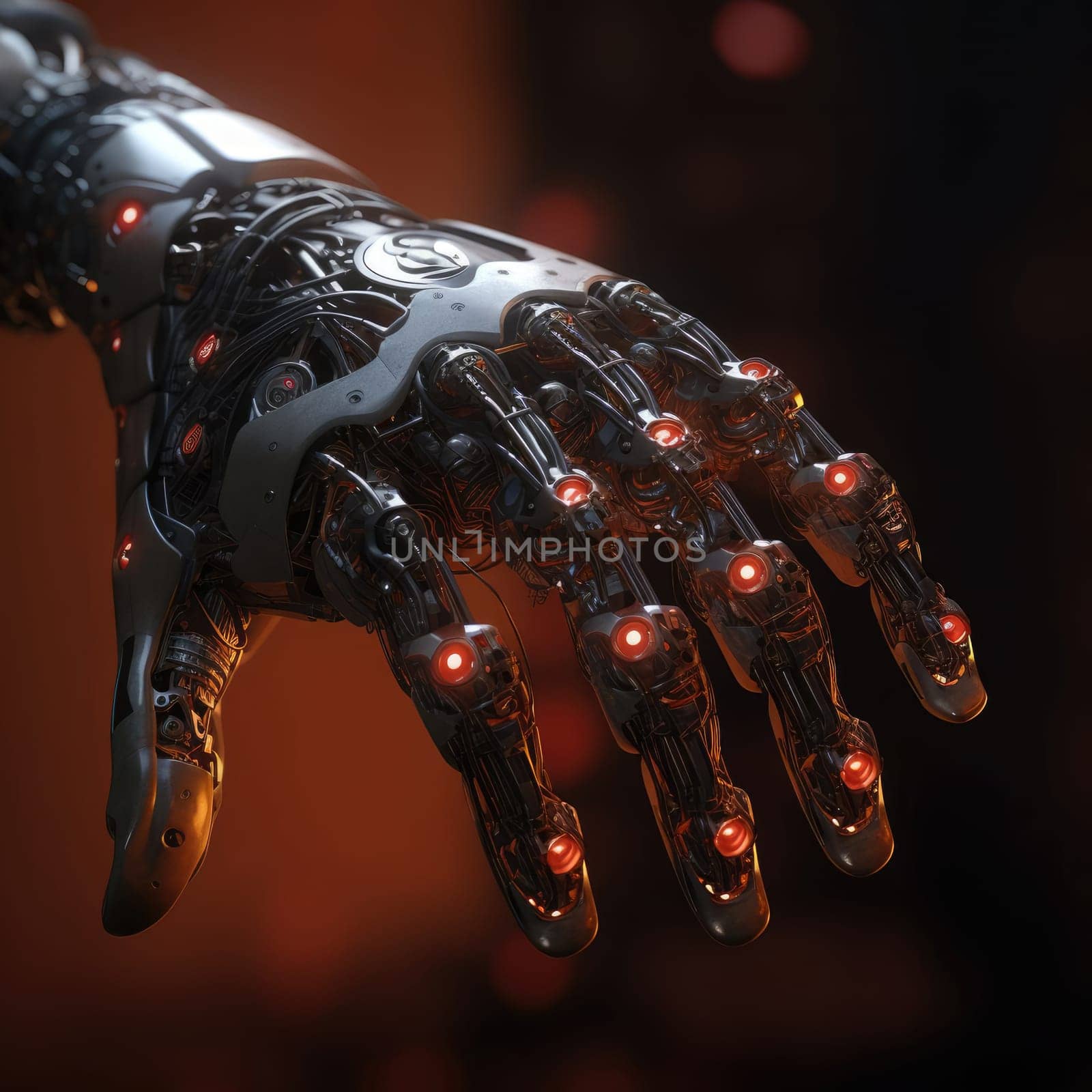 The hand of the robot of the future on a dark background by cherezoff