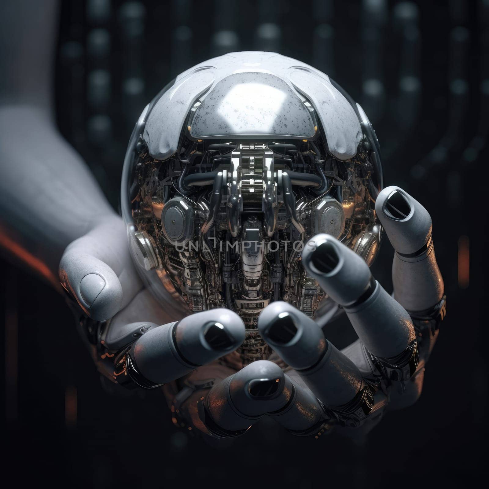The robot's hands hold a sphere with new technologies. AI Concept