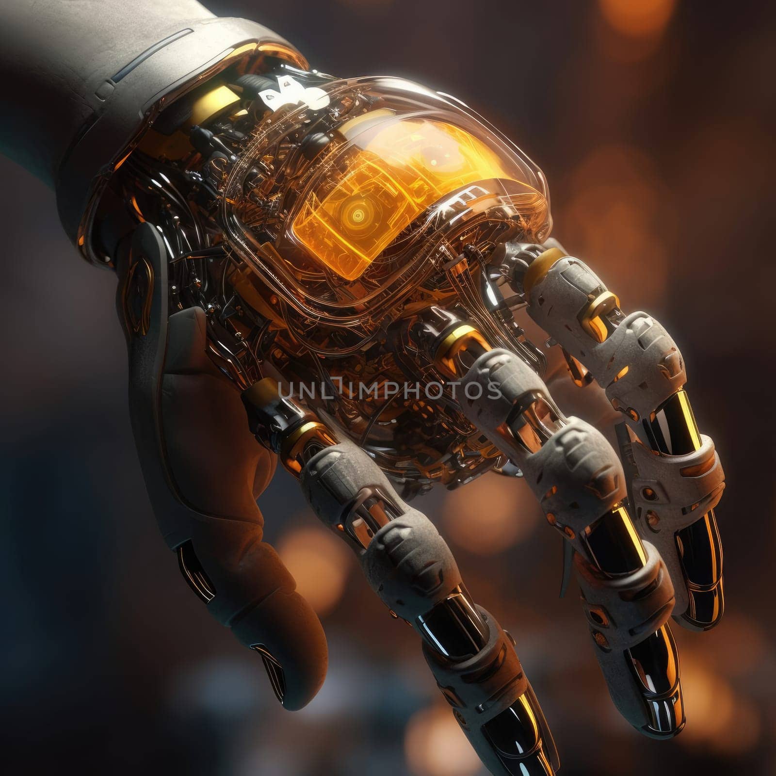 The hand of the robot of the future on a dark background. The concept of new technologies