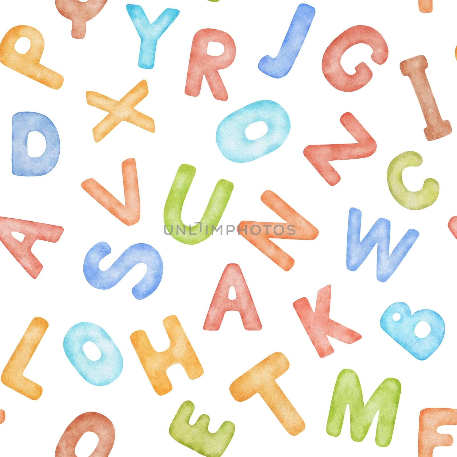 Watercolor colorful hand drawn watercolor childish seamless pattern with alphabet. by ElenaPlatova
