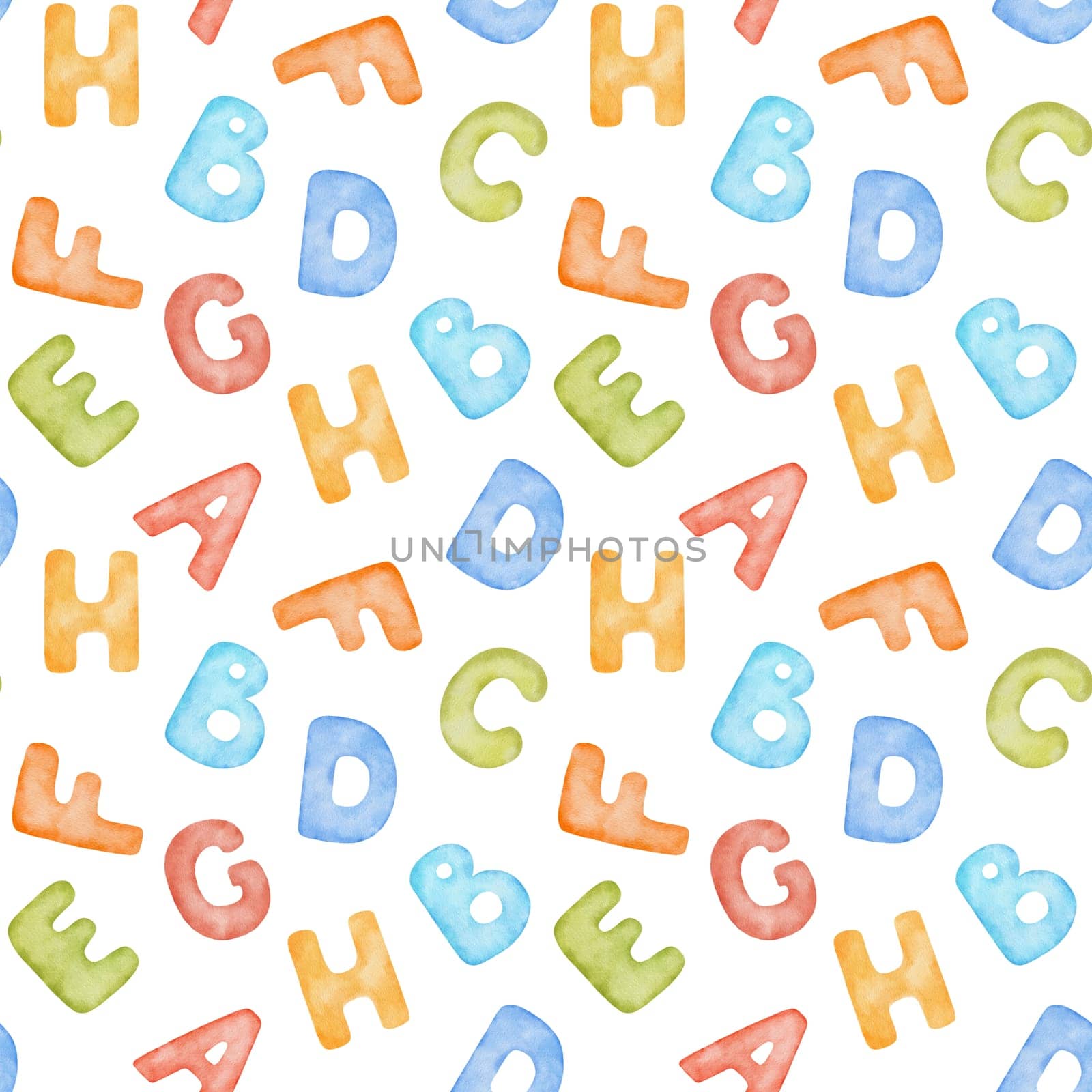 Watercolor colorful hand drawn watercolor childish seamless pattern with alphabet. Multicolored letters for children