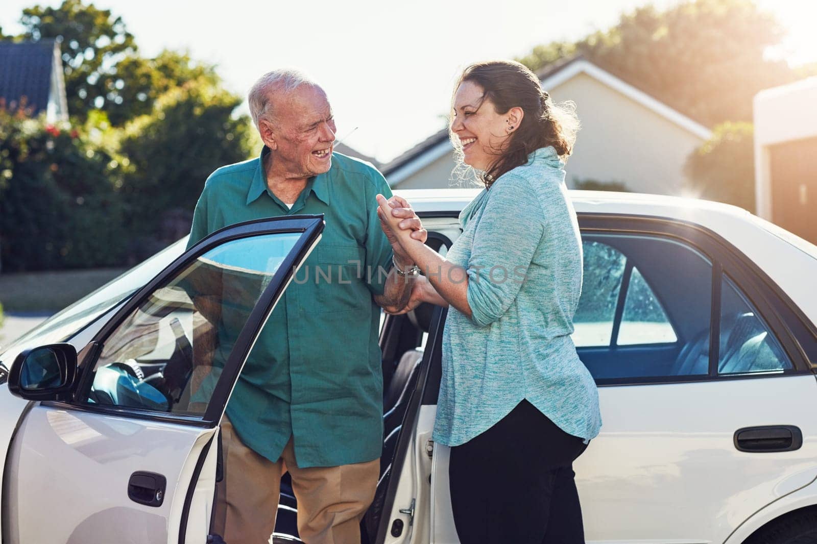 Car, help and caregiver woman with old man for assisted living, retirement care and rehabilitation. Travel, transportation and female helping elderly male person from motor vehicle for health service.