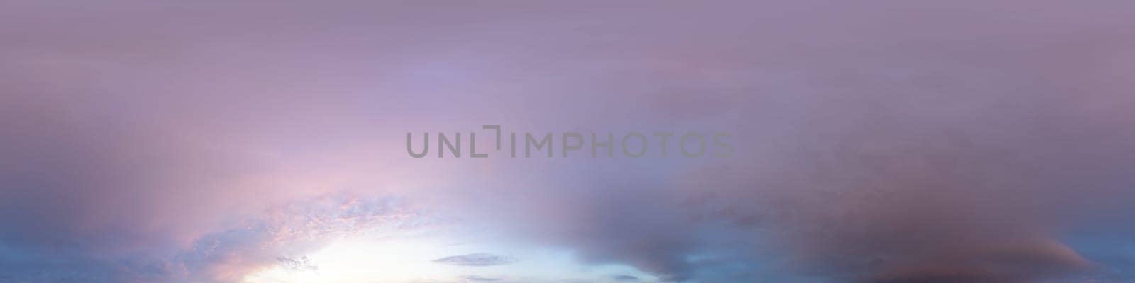 Sunset sky panorama with bright glowing pink Cumulus clouds. HDR 360 seamless spherical panorama. Full zenith or sky dome for 3D visualization, sky replacement for aerial drone panoramas. by Matiunina