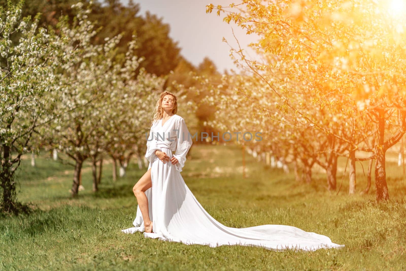 Blond blooming garden. A woman in a white dress walks through a blossoming cherry orchard. Long dress flies to the sides, by Matiunina