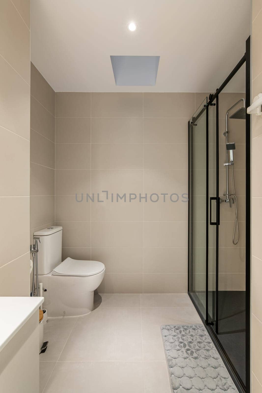 Vertical shot of spacious bathroom with toilet bowl, glass-enclosed shower and washbasin with cabinet in beige tones in an apartment. Concept of practical and concise renovation in the bathroom.