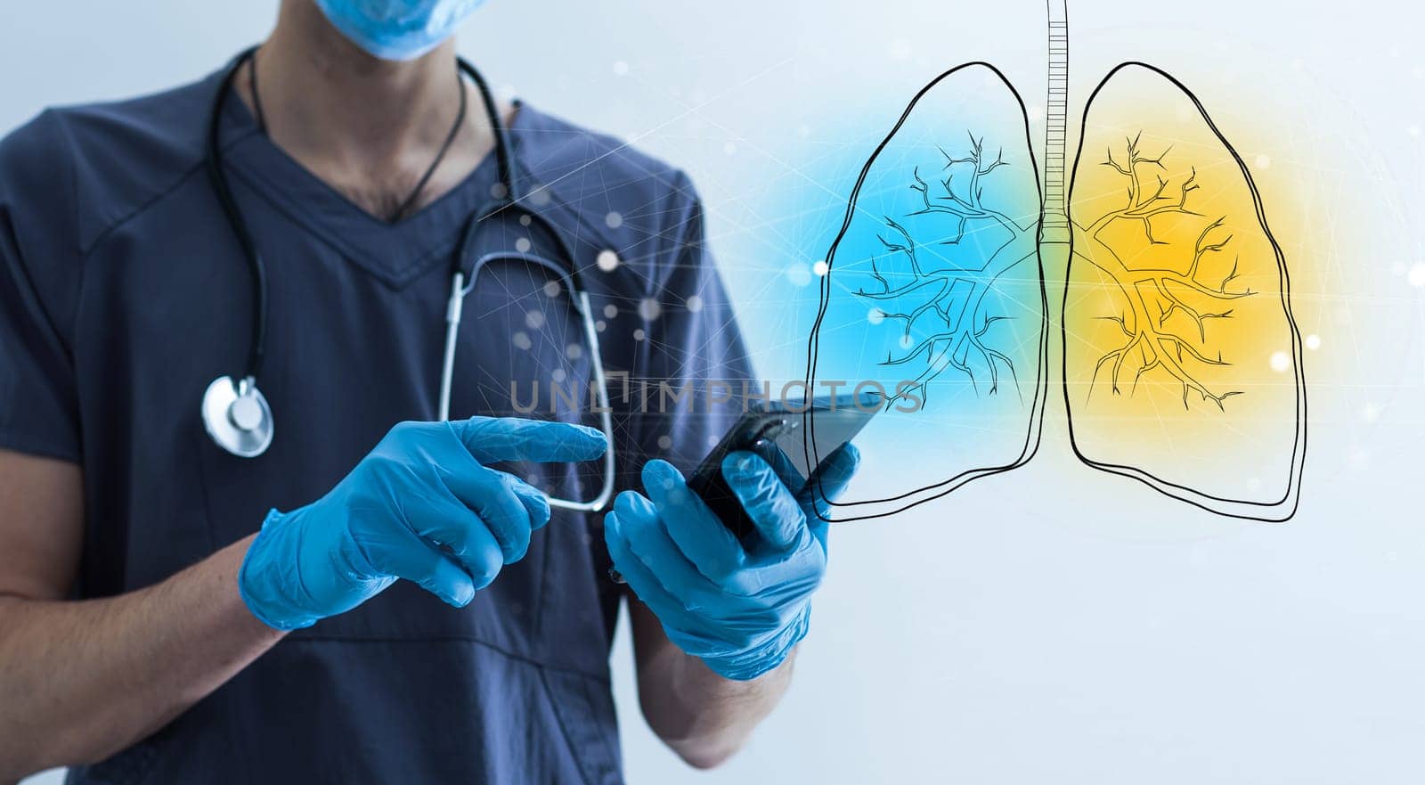 Creative image of medical worker with glowing interface of lungs and virus on blurry background. Medicine, healthcare and pandemic concept. Double exposure. High quality photo