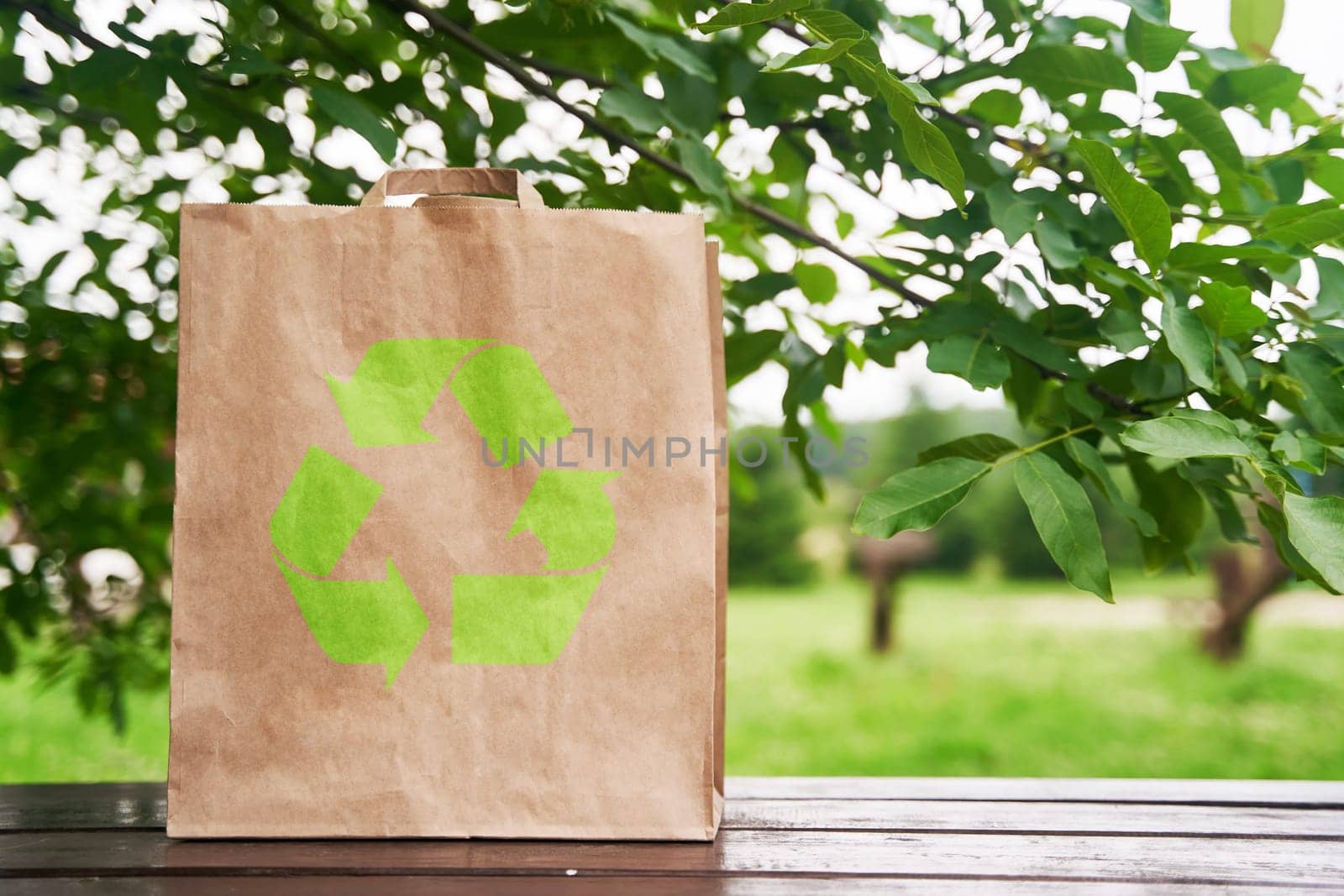 Blank paper bag stands on a wooden table against the background of green leaves. by driver-s