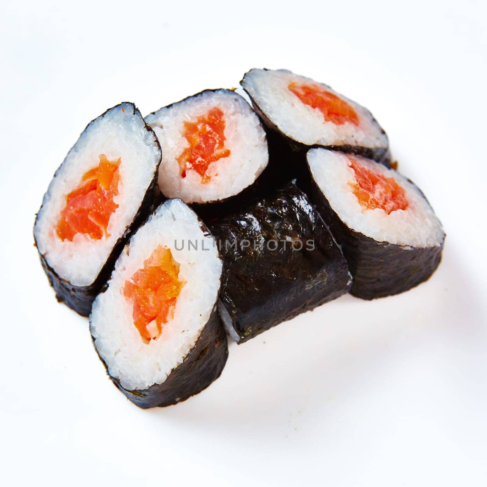 Japanese food. Delicious sushi rolls isolated on white background.