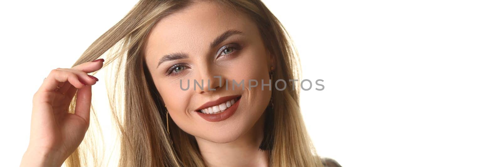 Portrait happy blonde woman with beauty face. Beautiful makeup and healthy skin concept