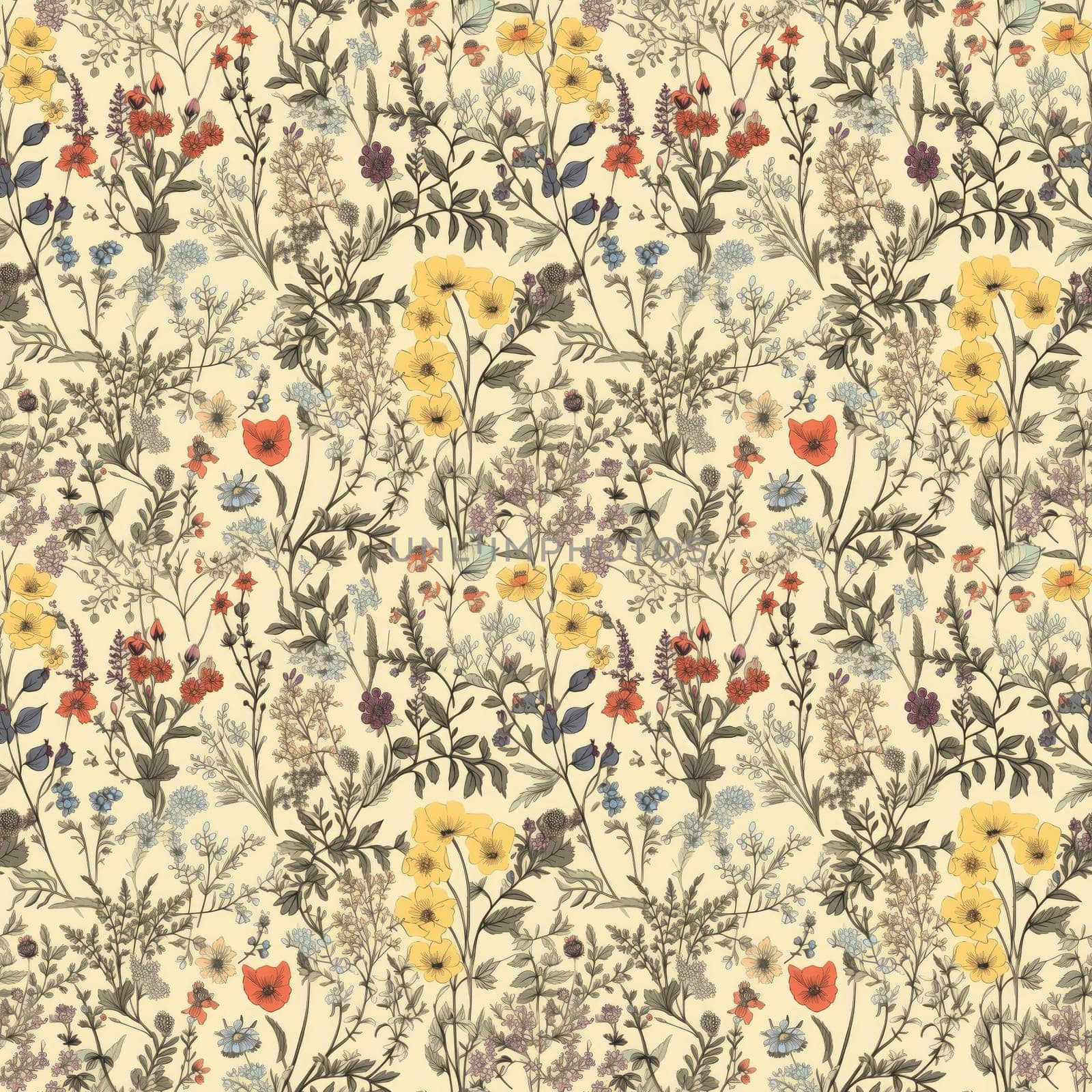 A seamless background of delicate wildflowers on a light yellow background, with a rustic art style, natural lighting, and a romantic color scheme. AI generated