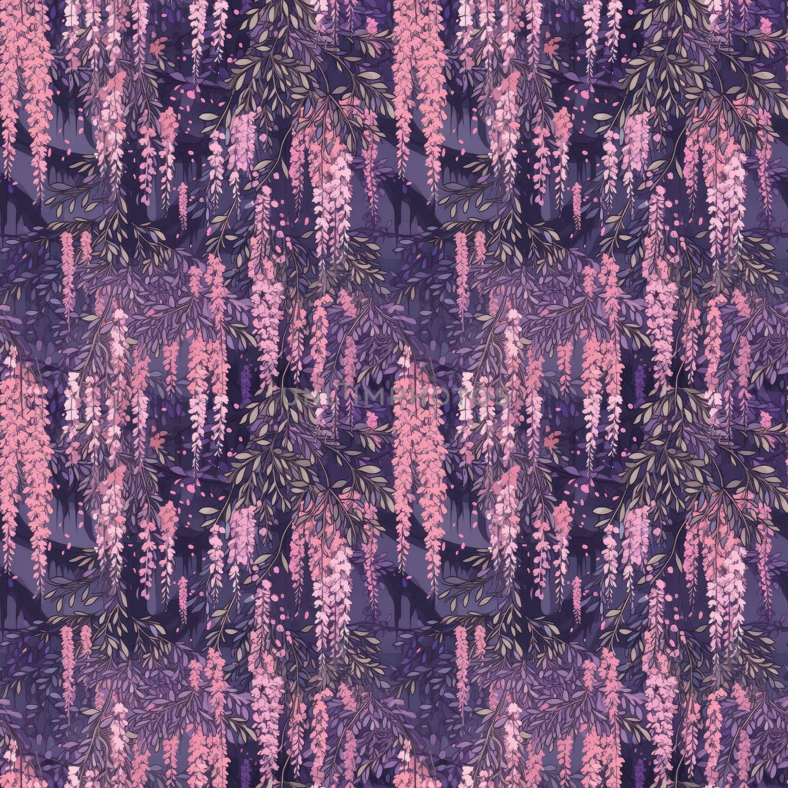 Seamless background of cascading wisteria on a lavender background, with a whimsical romantic art style. AI generated 