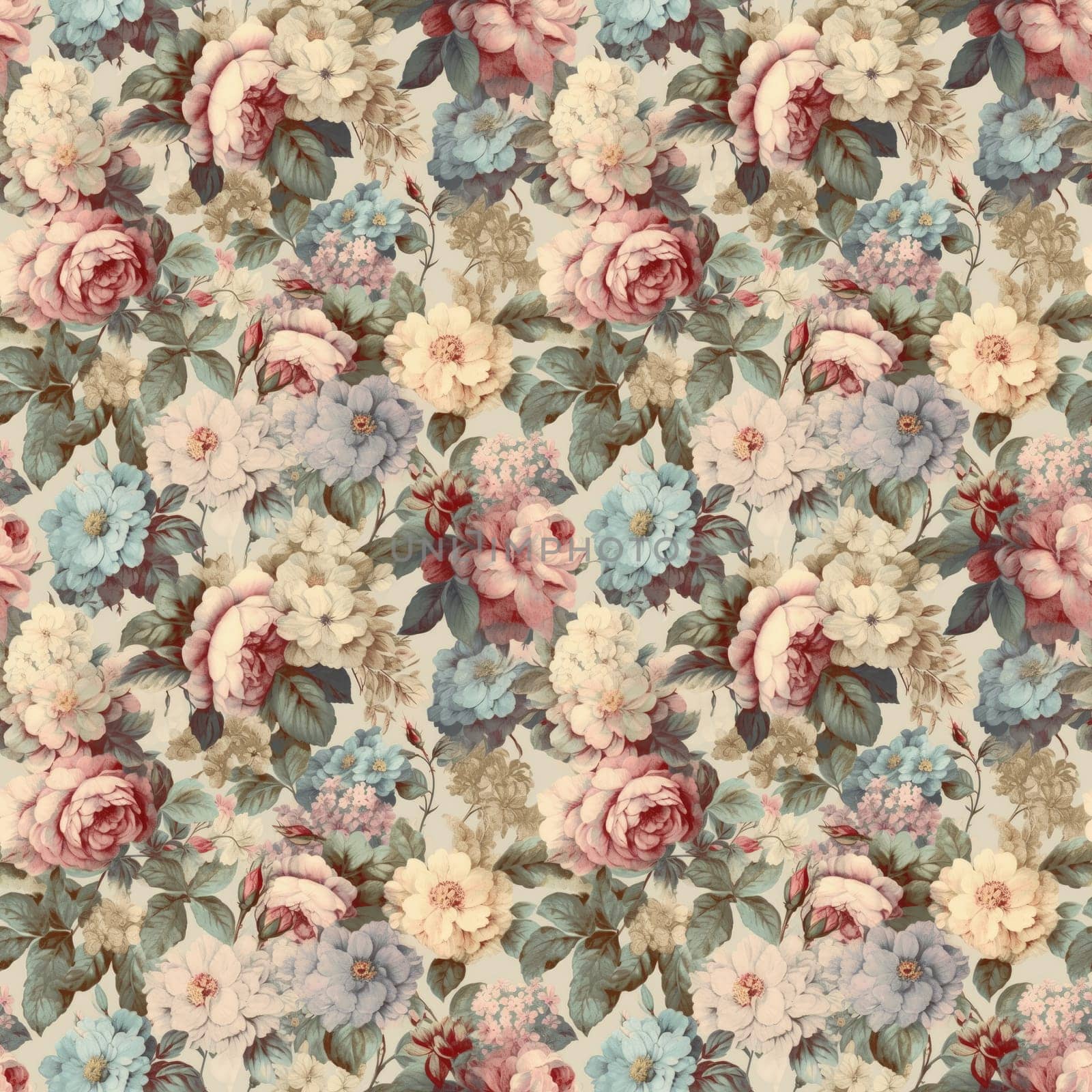 Seamless romantic and vintage floral pattern on a neutral background, with muted and faded colors. AI generated